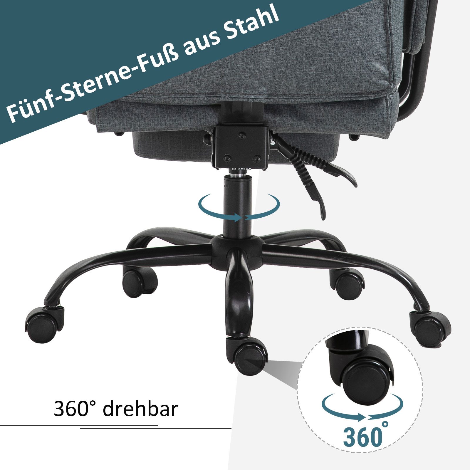 MC Star Bürostuhl mit Liegefunktion 150° klappbar ergonomischer Schreibtischstuhl (mit Kopfstütze höhenverstellbar bis 135kg Grau) – Bild 4 von 5