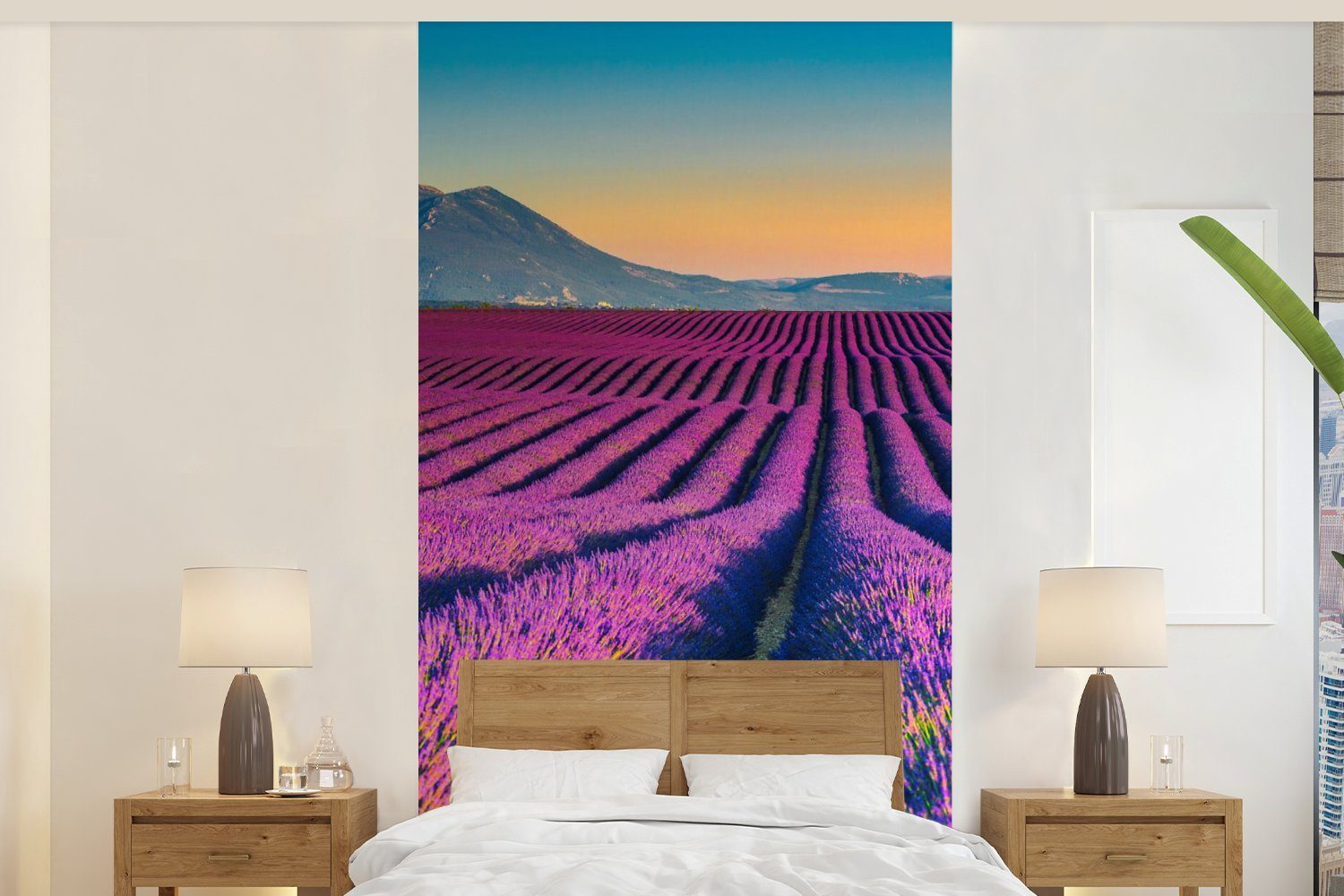 MuchoWow Fototapete Lavendel - Berg - Blumen, Matt, bedruckt, (2 St), Vliestapete für Wohnzimmer Schlafzimmer Küche, Fototapete