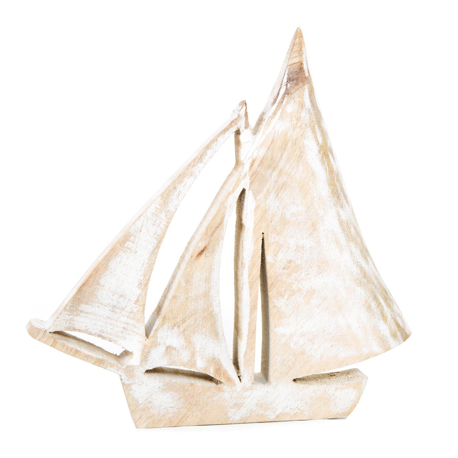 Dekofigur Segelschiff Figur aus Holz weiß beige gekalkt