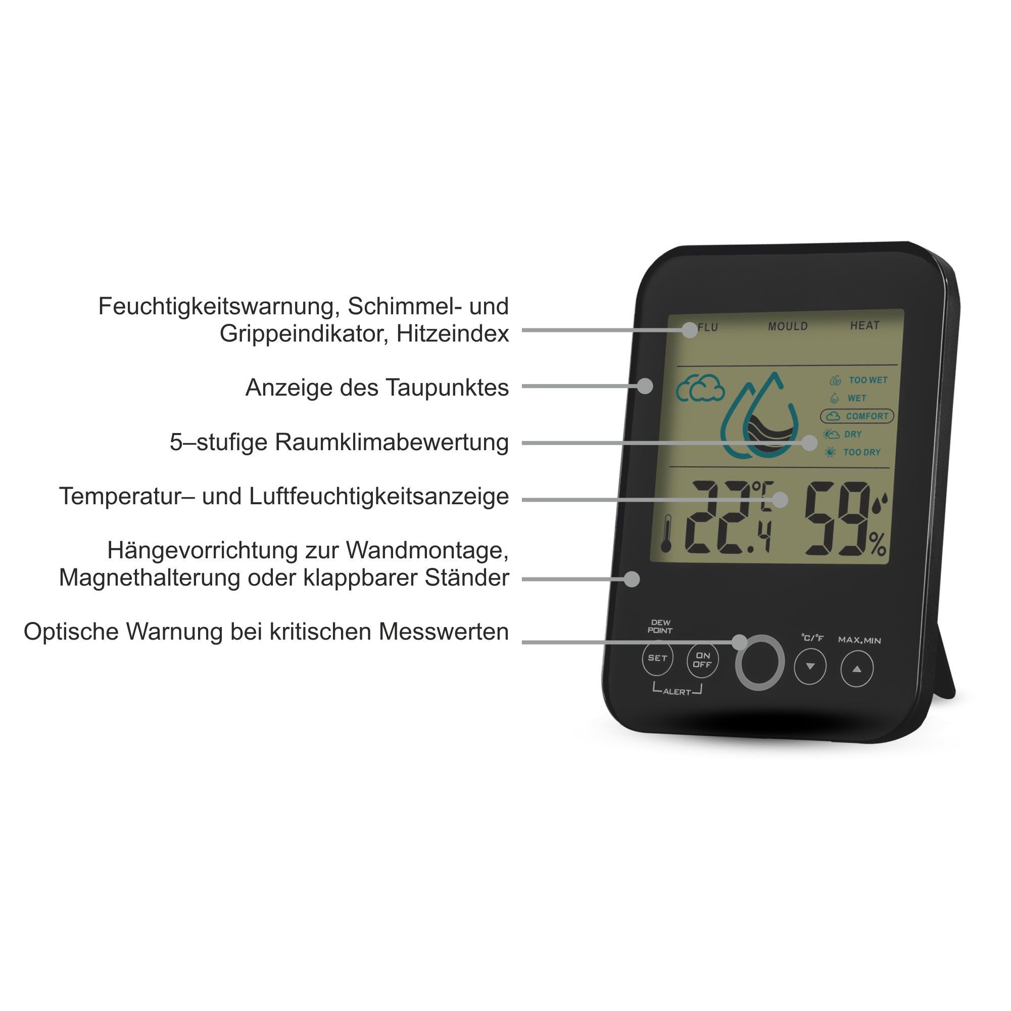 Klimamesser Raumklimastation Schimmelwarner, Lüftungsempfehlung Hygrometer günstig online kaufen