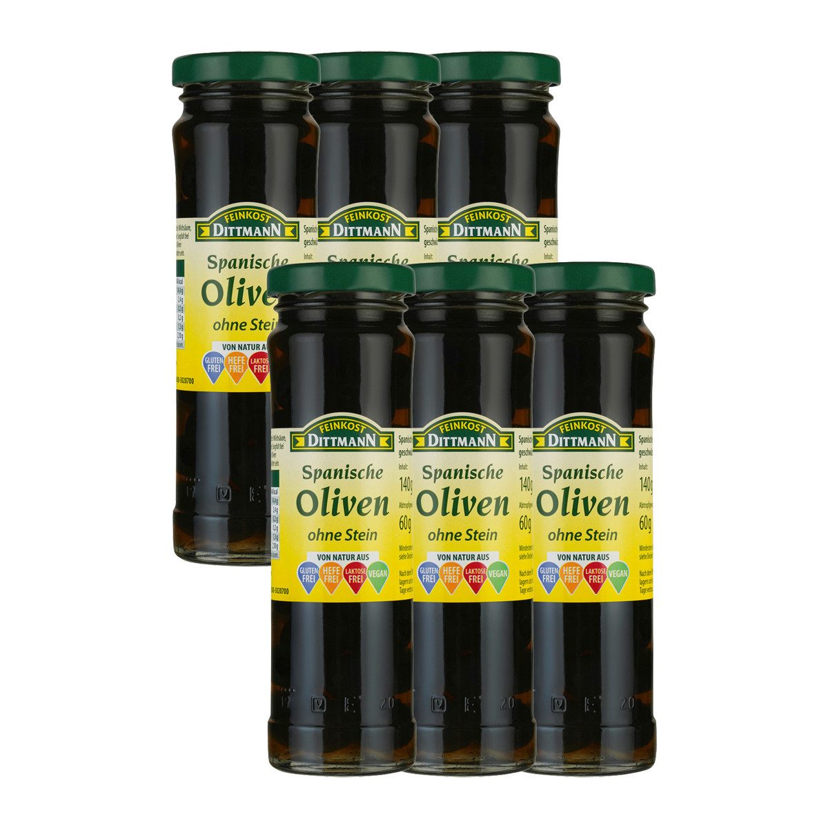 Feinkost Dittmann Gemüsekonserve, Feinkost Dittmann Spanische Oliven Schwarz ohne Stein 60g 6er Pack