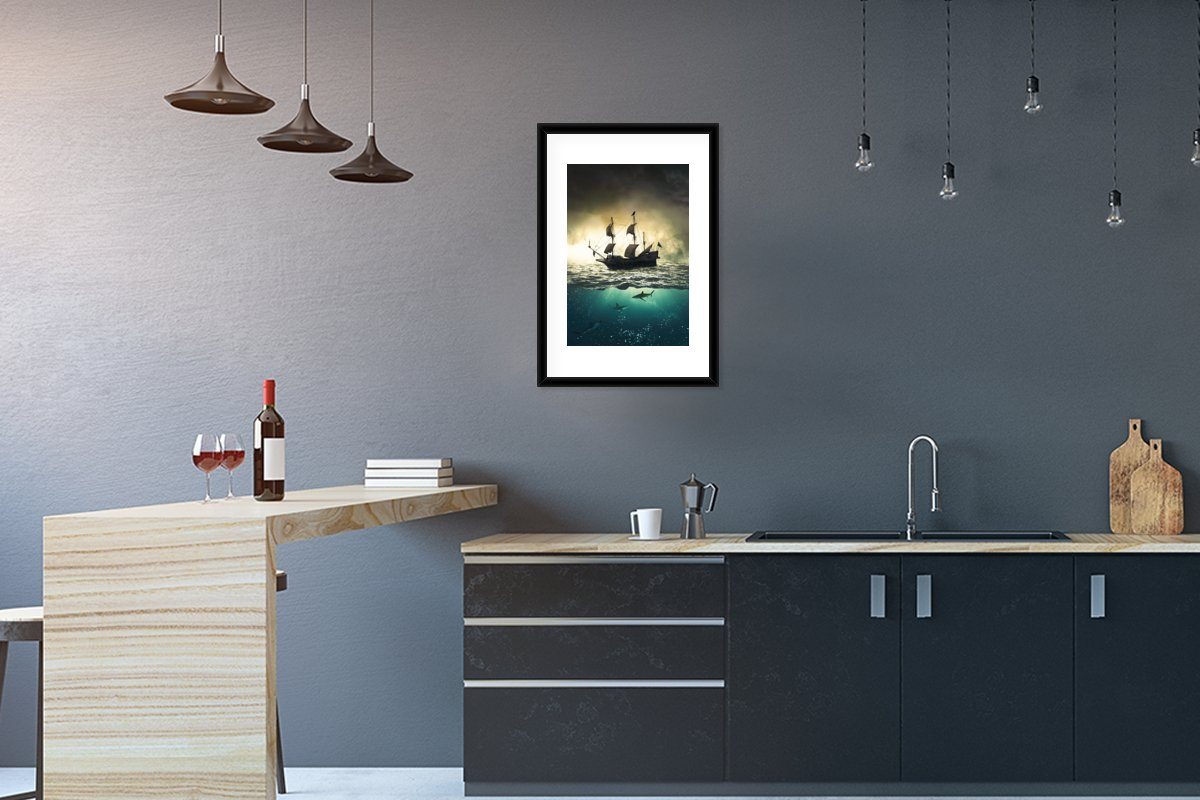 MuchoWow Rahmen, Poster Poster, Meer, Gerahmtes Schwarzem Bilderrahmen - (1 - Kunstdruck, Boot Hai mit St),