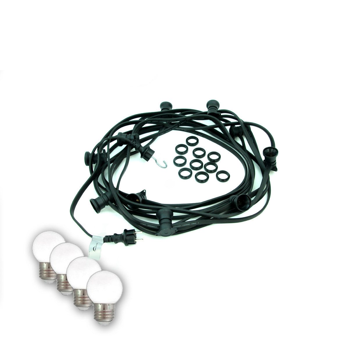 SATISFIRE LED-Lichterkette Illu- Party Garten Außenlichterkette 5m 5x E27 kaltweiße Kugellampen, 5-flammig
