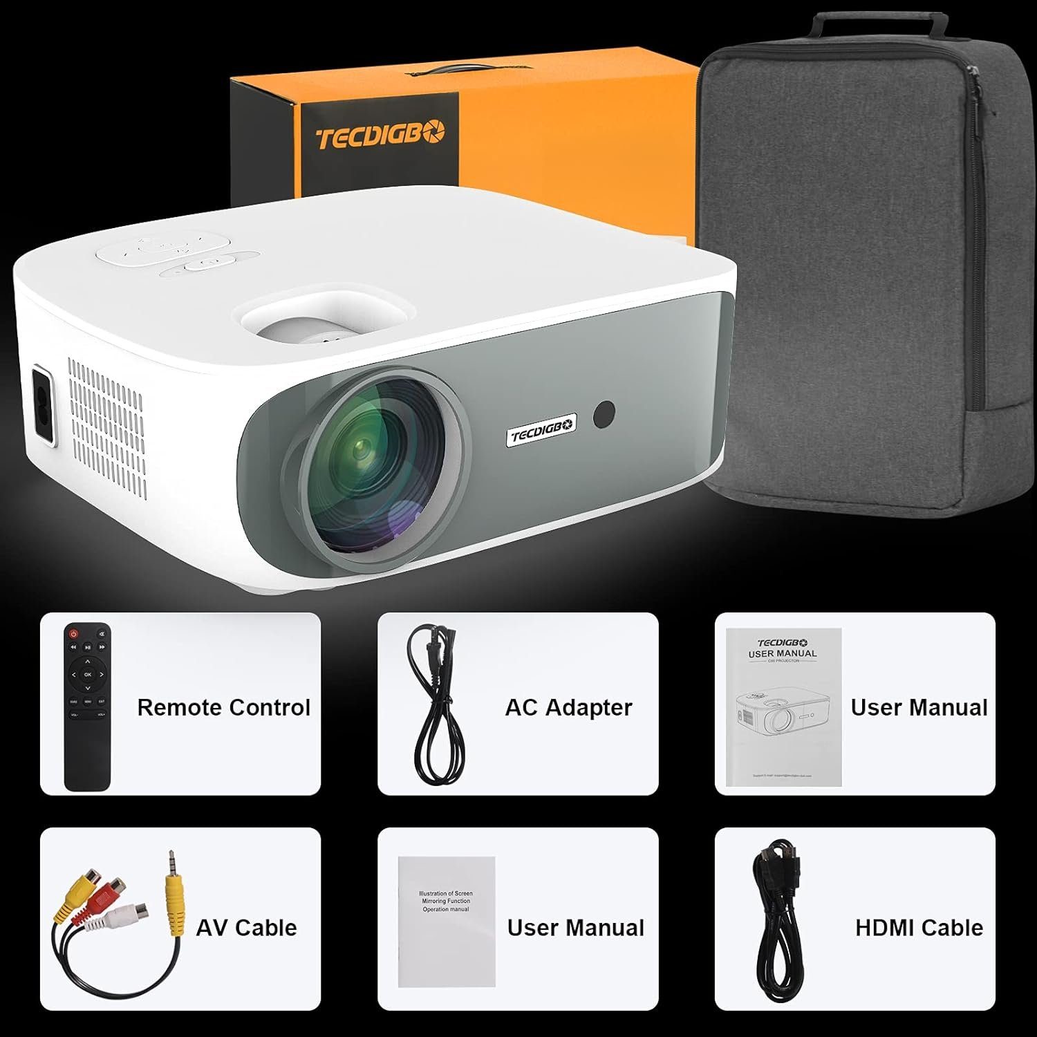 Tecdigbo Portabler Bluetooth x Beamer Projektor 3840 HD 12000 2160 px, (12000:1, 5G Lumen, Mini Outdoor-Filmprojektor) 4K Full