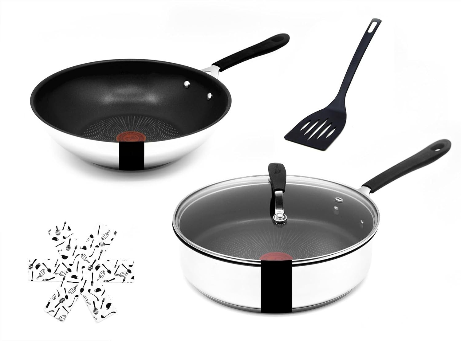 Tefal Pfannen-Set Jamie Oliver E76 Schmorpfanne mit Deckel 25cm + Wok pfanne 28cm Set8, Edelstahl 18/10 (Pfanne, Bratpfannen Set, Pfannenset, Wok, Wokpfanne, Schmorpfanne, Pfannen Inkl. 1 Wender & Filzschoner), Antihaftbeschichtet