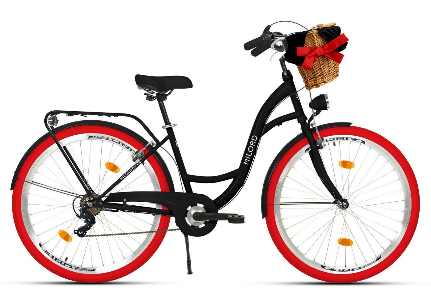 Thumbnail - MILORD BIKES Cityrad Milord City Damenfahrrad Weidenkorb 28/26 Zoll, Schwarz-Rot, 7-Gang, 7 Gang, Kettenschaltung