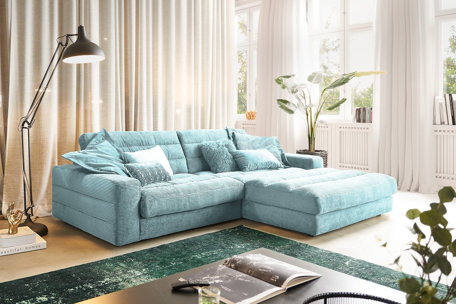 KAWOLA Ecksofa LANA, Sofa Cord Recamiere rechts od. links versch. Größen und versch. Farben hellblau | Ecksofas