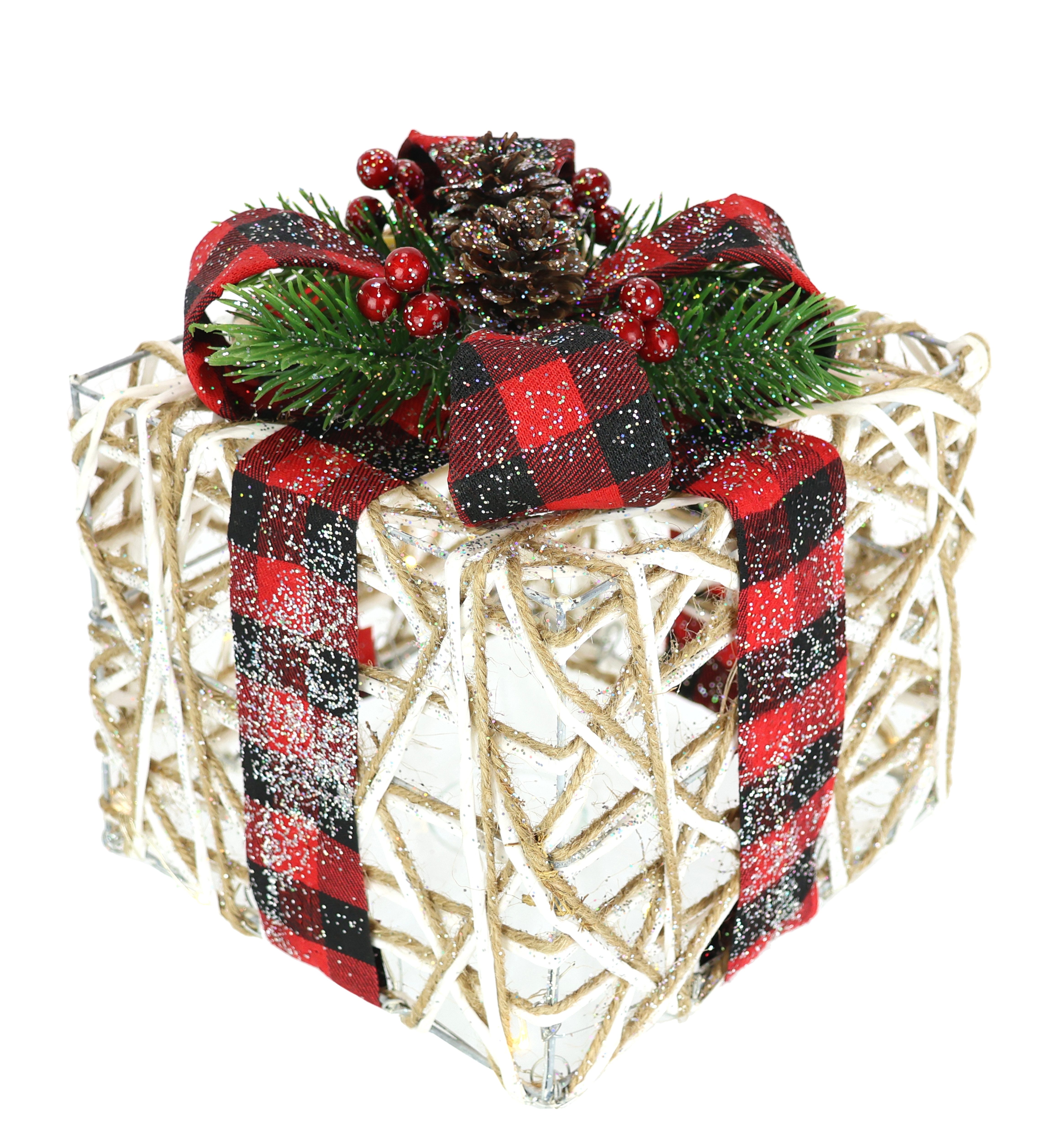 I.GE.A. Dekofigur Weihnachtsfigur Leuchtfigur LED-Geschenk mit Schleife (1 St), Geschenkpaket Schleife Tanne Beeren Zapfen Weihnachtsdeko beleuchtet