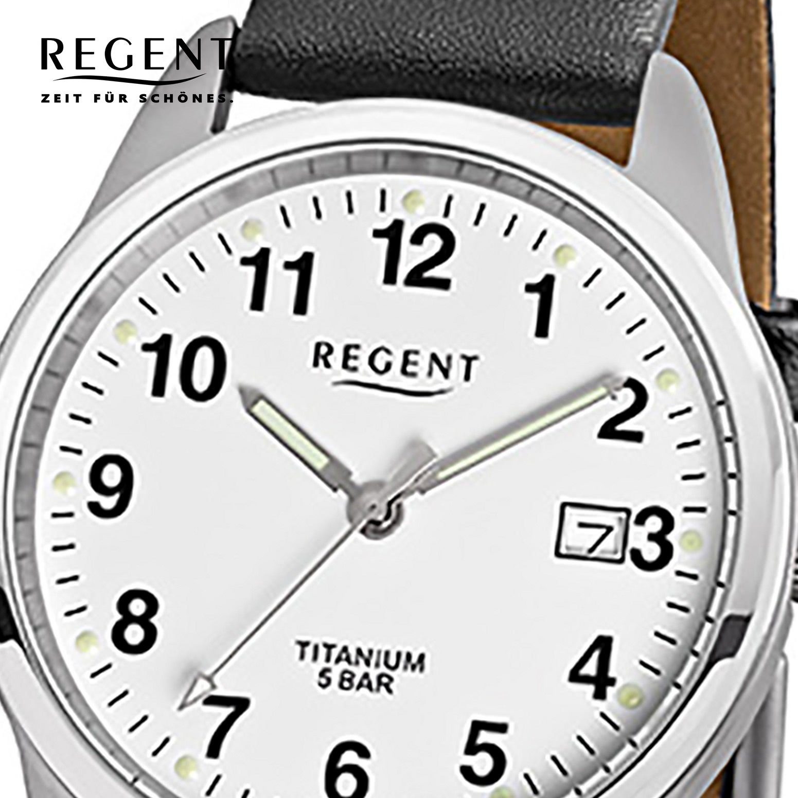 Lederarmband Regent Quarzuhr schwarz Armbanduhr Herren-Armbanduhr rund, Regent Analog, (ca. mittel Herren 36mm),
