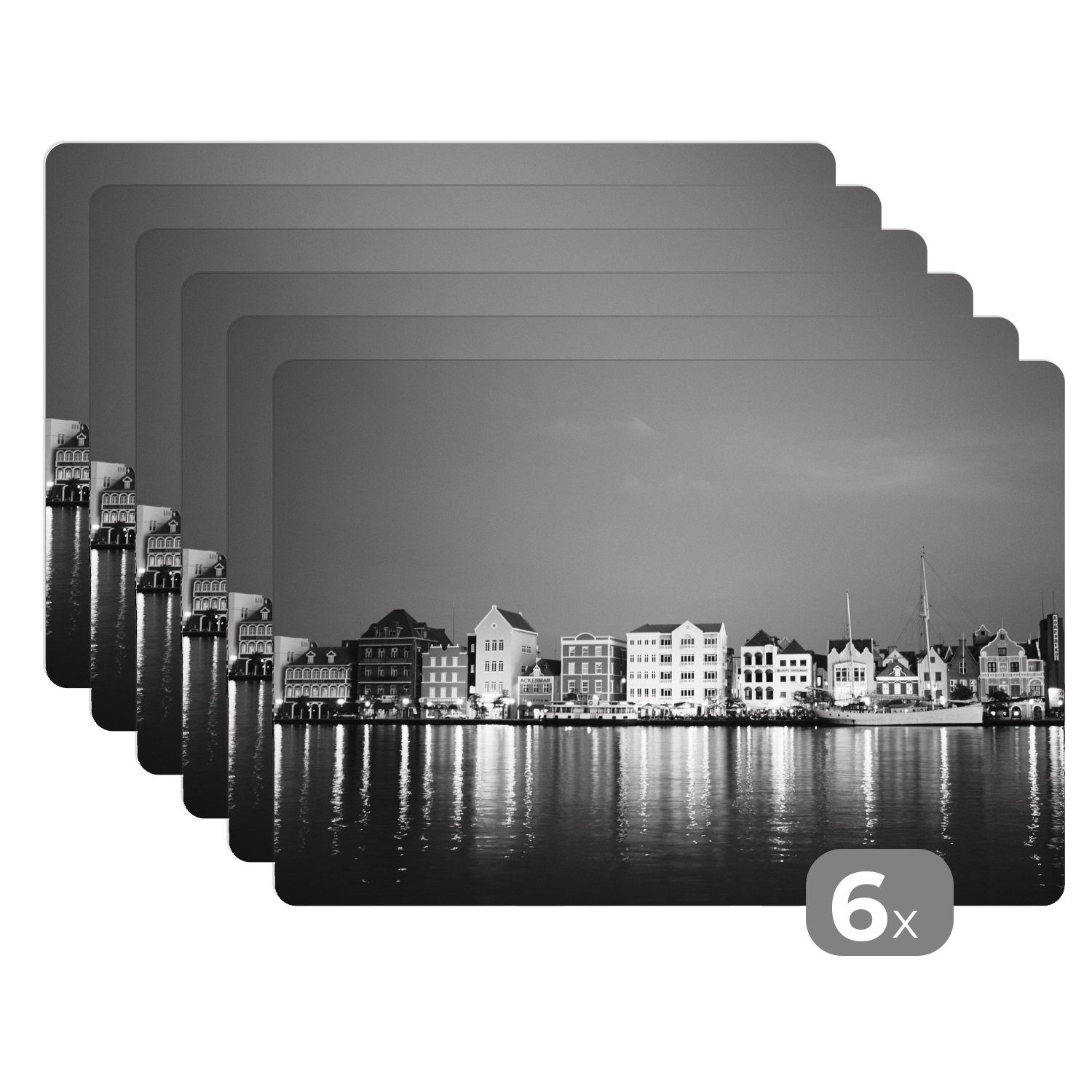 Platzset, Curaçao - Willemstad - Schwarz - Weiß, MuchoWow, (6-St), Platzset, Platzdecken, Platzmatte, Tischmatten, Schmutzabweisend