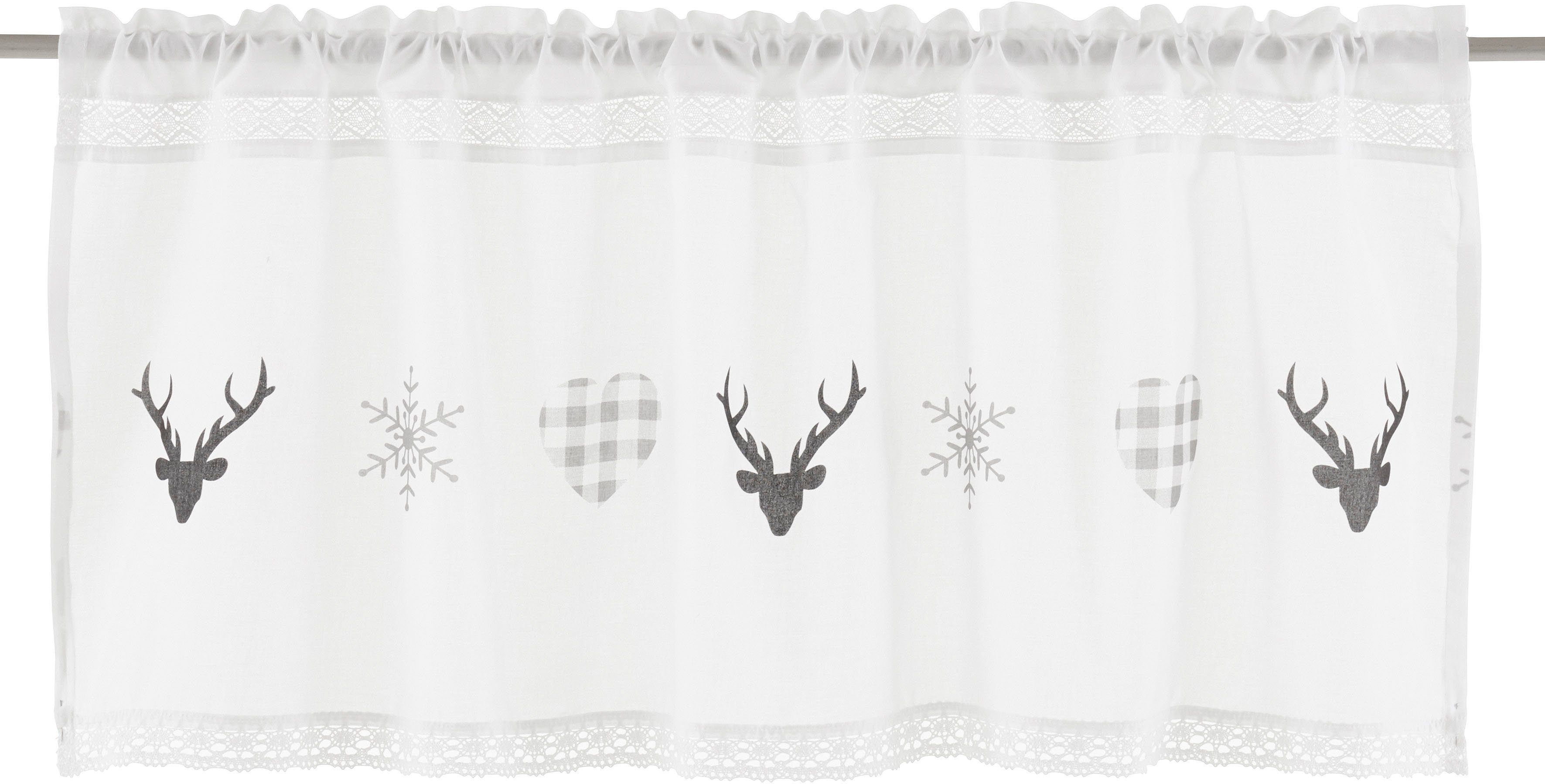 Scheibengardine Xaver, my home, Stangendurchzug (1 St), halbtransparent, Voile, Halbtransparent, Bedruckt, Baumwolle, weihnachtliches Design | Scheibengardinen