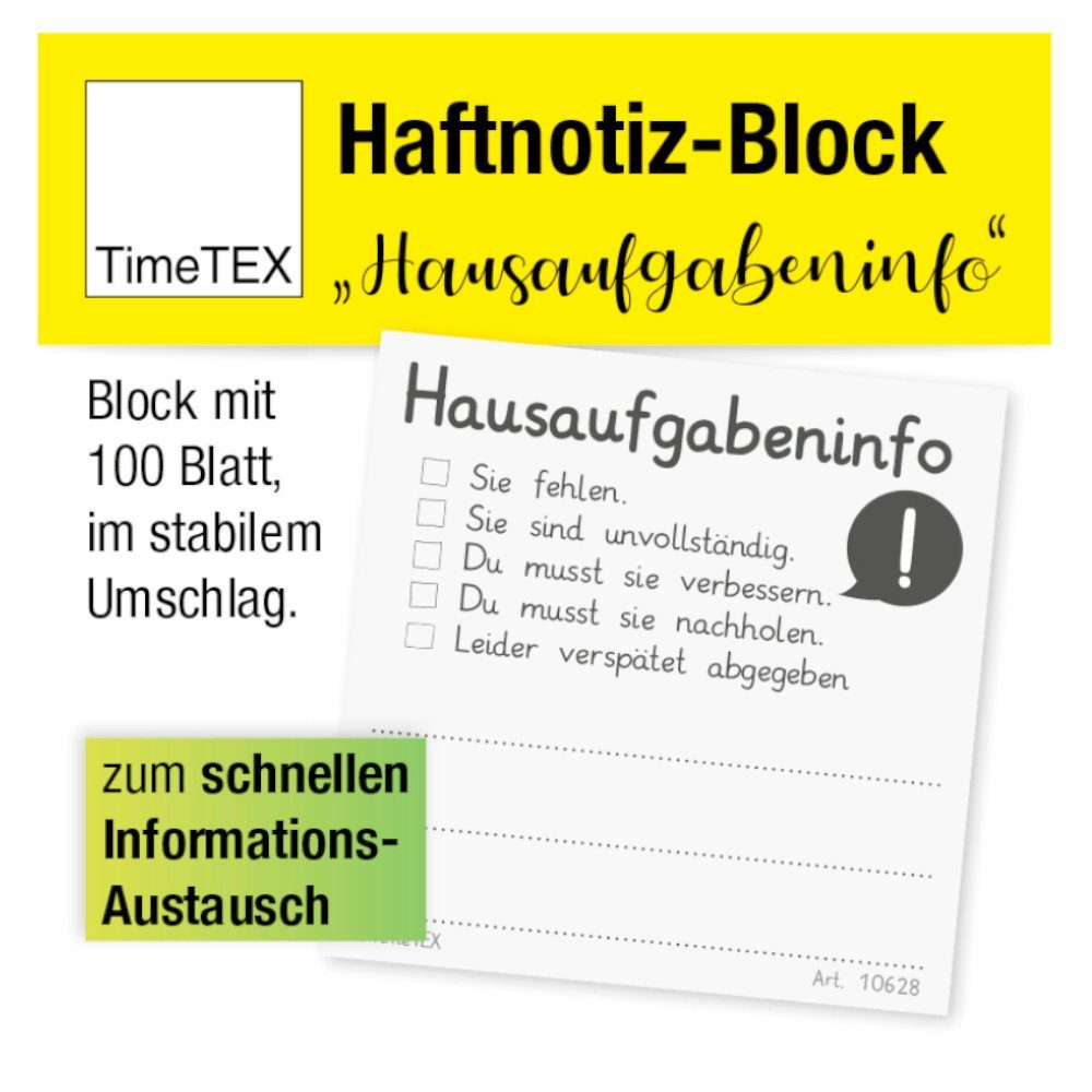 TimeTEX Haftnotizblock Haftnotiz-Block "Hausaufgabeninfo", 65x65 mm, 100 Blatt