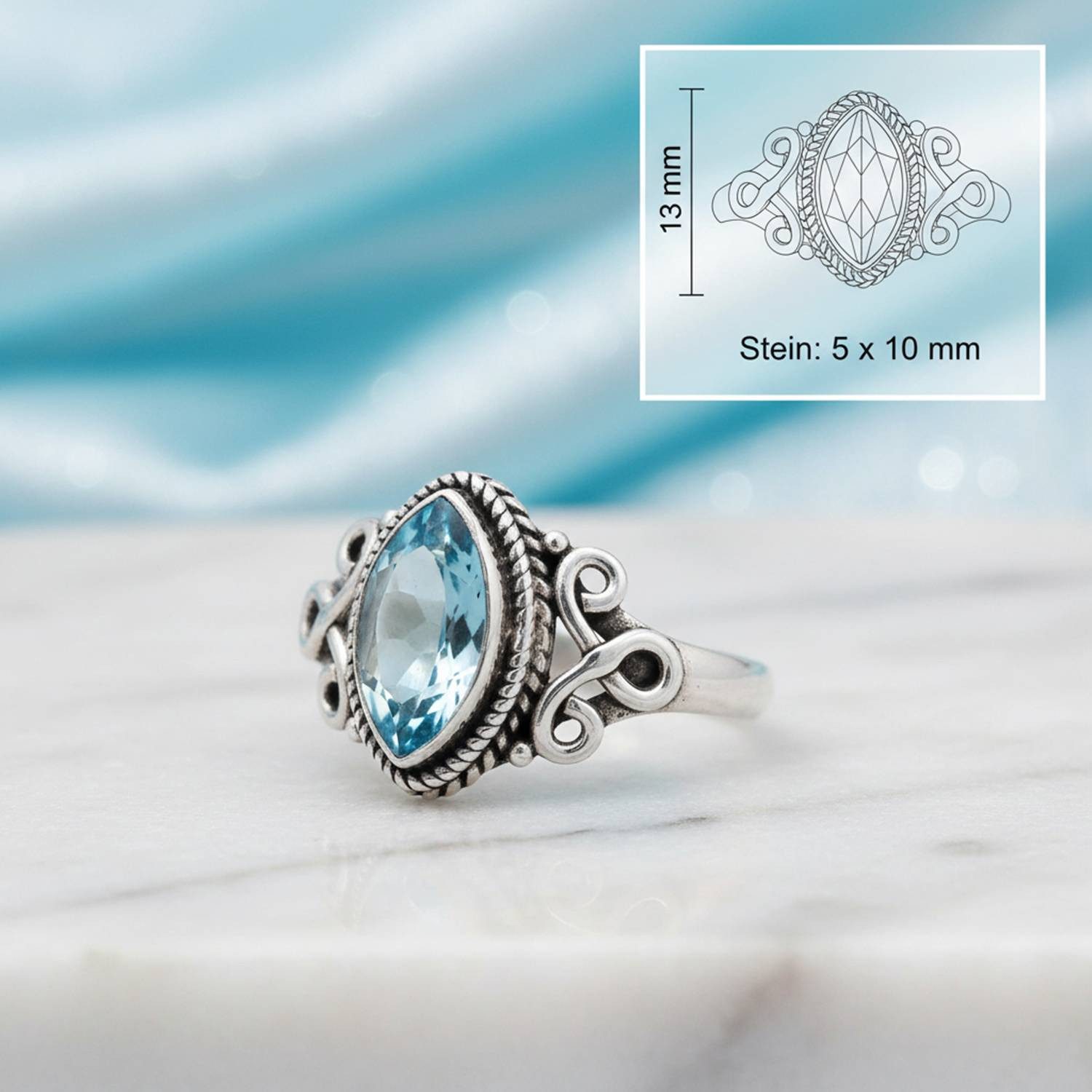 mantraroma Silberring BAGHIMI Ellipse aus 925 Silber mit blau Topas (Ring mit Schmuckbeutel), Damenring aus 925er Silber – Bild 3 von 5