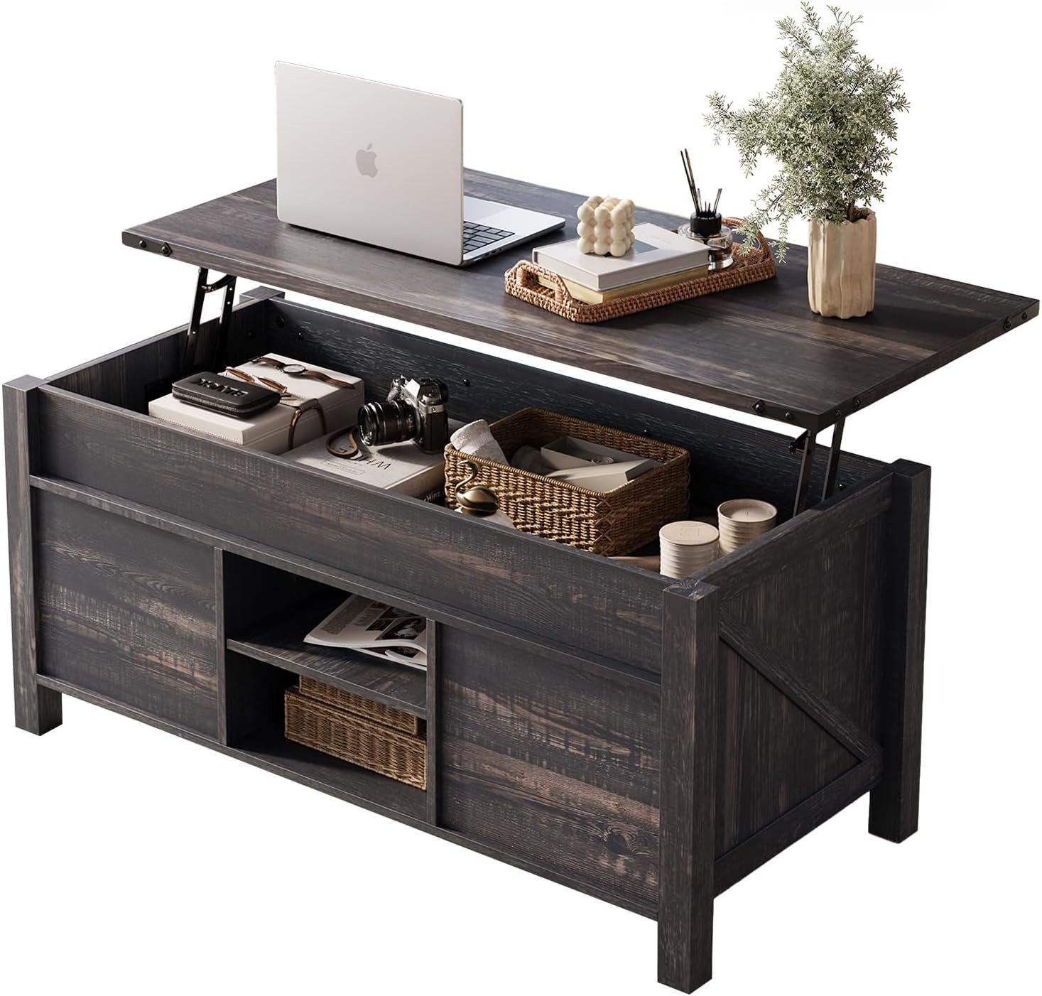 SHINEDEER Couchtisch mit Liftfunktion Landhausstil, Schiebetür, Stauraum (1-St., mit verstellbarem Einlegeboden, großzügigem Stauraum 109×47×13 cm), mit Metallbeschlägen, für Wohnzimmer, 122×56×56 cm