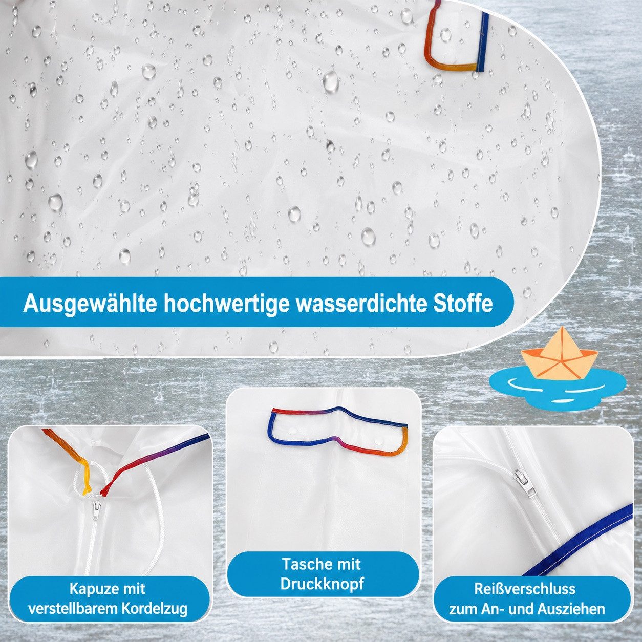 MOPUEA Regenmantel Transparenter Damen-Regenponcho, transparenter Poncho (für Camping Wandern Draussen und Täglicher Gebrauch, 1-tlg., Regenmantel für Erwachsene, regencape damen) mit Kordelzug Kapuze EVA Wiederverwendbarer Tragbarer Regencape