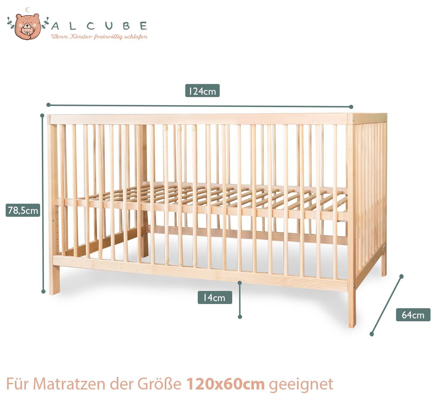 Natur I Alcube - aus 60x120 Babybett TONI ohne Schubladen Matratze Ohne ohne Buchenholz Ohne Babybett I mit 9-fach I BESTSELLER! Matratze Schublade höhenverstellbar FSC®-Zertifikat,