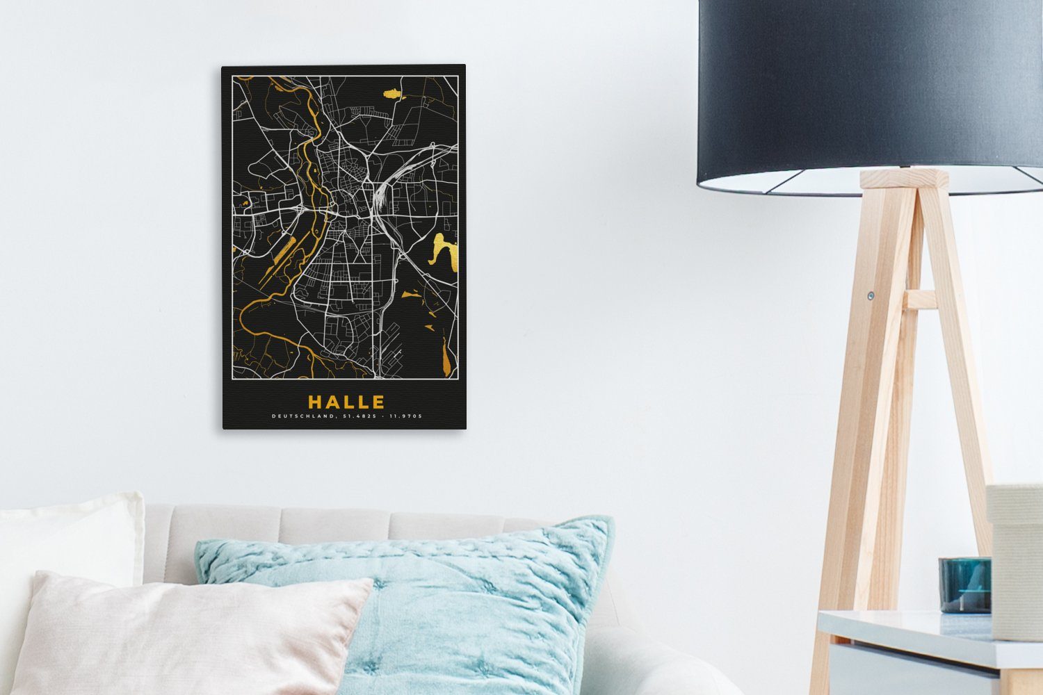 Leinwandbild Karte - Gold inkl. Deutschland, Stadtplan - - cm - 20x30 St), fertig Gemälde, bespannt OneMillionCanvasses® Zackenaufhänger, (1 Leinwandbild Halle
