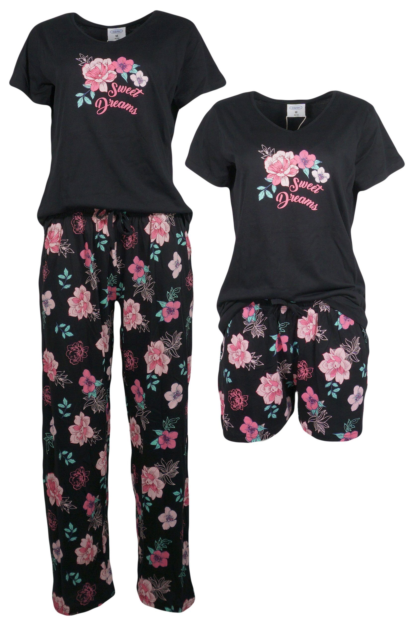 Schlafanzug 3er Set Damen Pyjama Nachtwäsche passender Schwarz mit Shorts Set