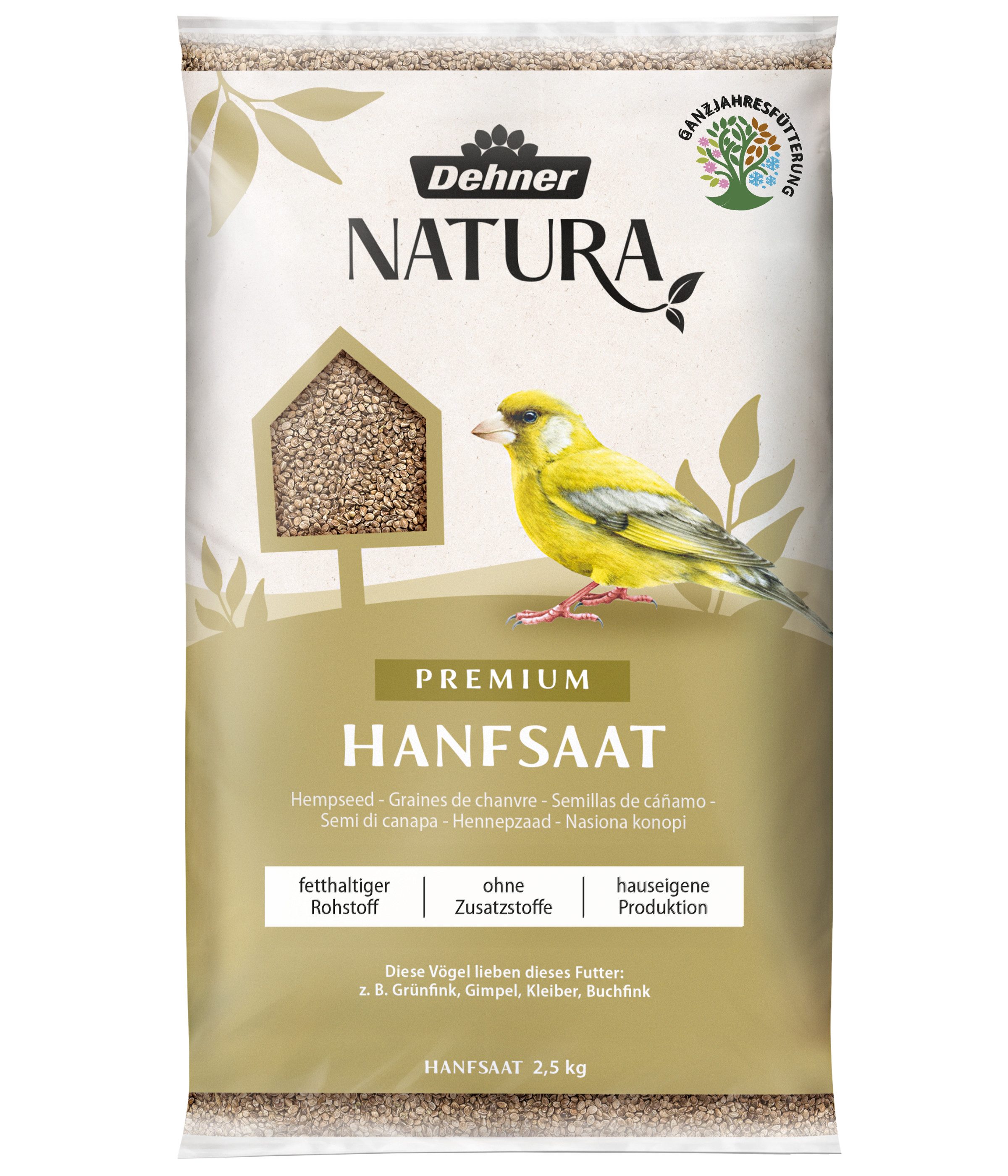 Dehner Natura Premium Hanfsaat, Wildvogelfutter, 2.5 kg, Hauptfutter für: Gartenvögel, Wildvogel, hochwertiges Futter, für Grünfink, Kleiber, Buchfink, Gimpel