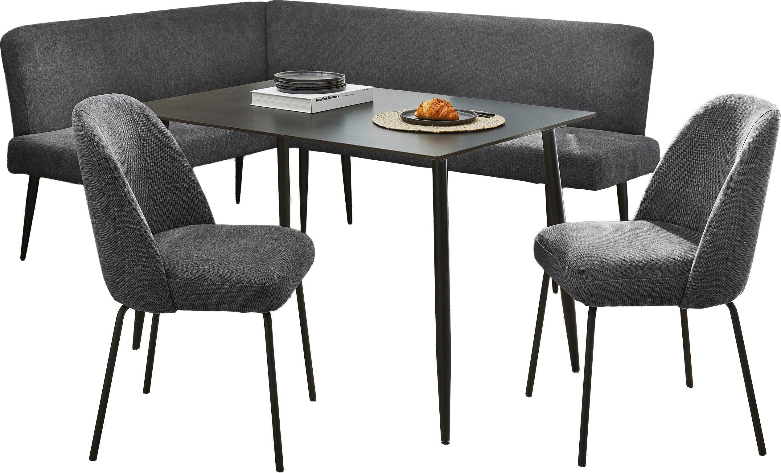 OTTO home Eckbankgruppe Melvin (Set, 4-tlg. Tisch, Bank und 2 Stühle), Taschenfederkern, Tisch (120x75cm) schwarz, Bank und Stühle anthrazit oder beige