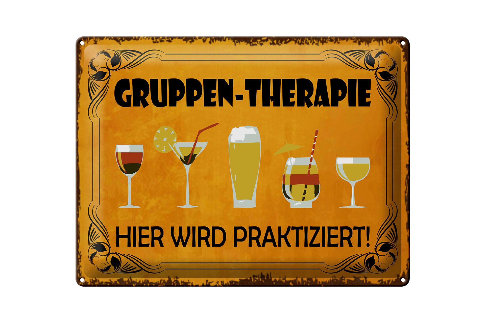 Femer GmbH Metallschild Cocktail 30x40 cm Gruppen Therapie Hier wird praktiziert, (1 St), gewölbte Oberfläche, abgerundete Ecken, umgeschlagene Kanten