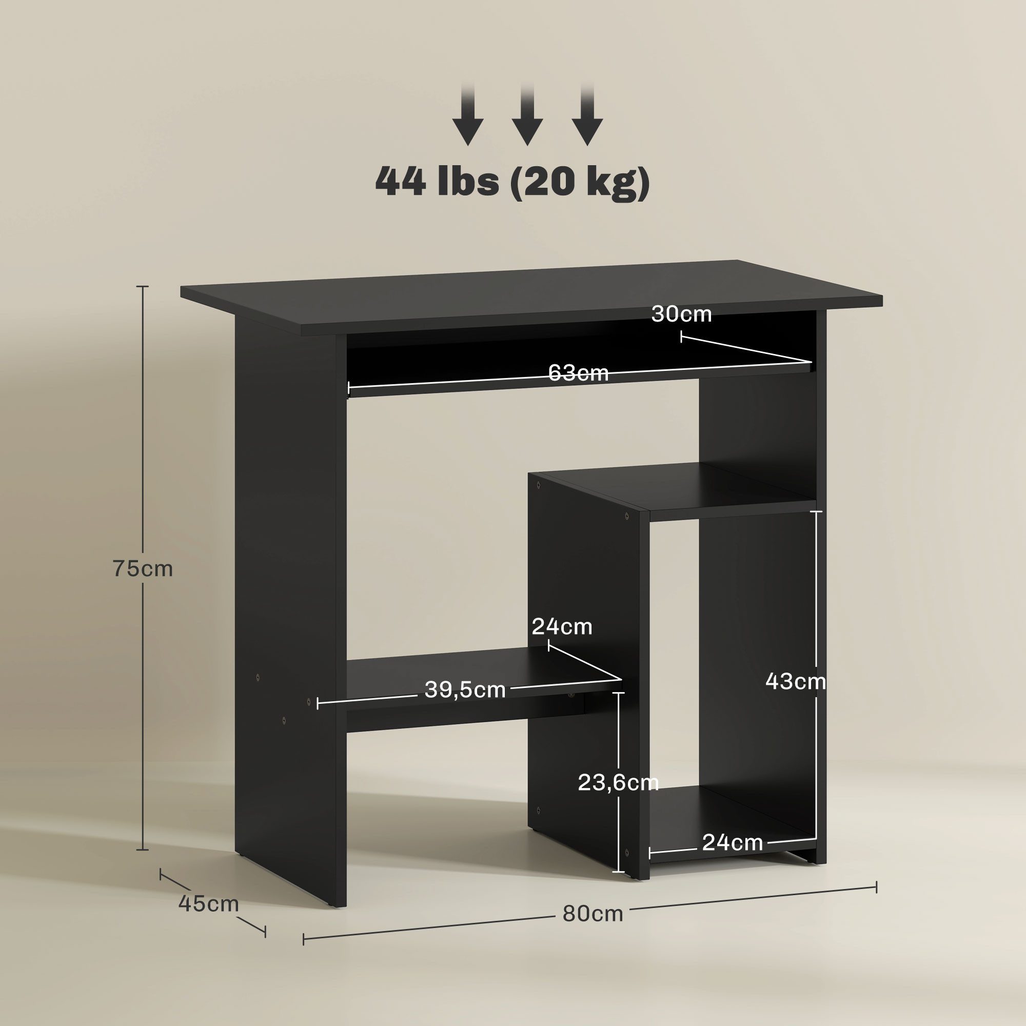 HOMCOM Schreibtisch Bürotisch mit Tastaturablage, Spanplatte, für Home Office (Computertisch, 1-St., Schreibtisch), für Büro, Arbeitszimmer, 80 x 45 x 75 cm, Schwarz