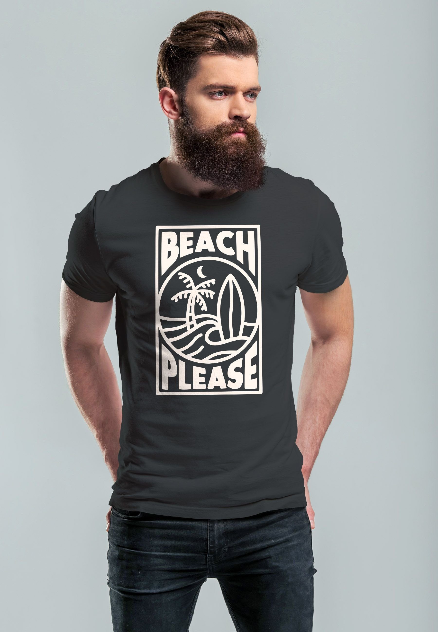 Surfboard Beach mit Surfing Herren Print Print T-Shirt Sommer Welle Wave Neverless Print-Shirt Please dunkelgrau