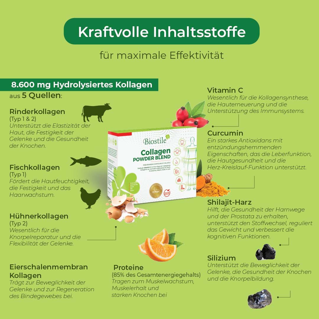 Biostile Premium Kollagen Pulver mit 5 Kollagenquellen für Haut Haare Nägel - Kollagenpulver, 300 g, 5 Kollagenquellen (Kollagen Typ 1,2,3), Vitamin C, Shilajit, 30 Beutel