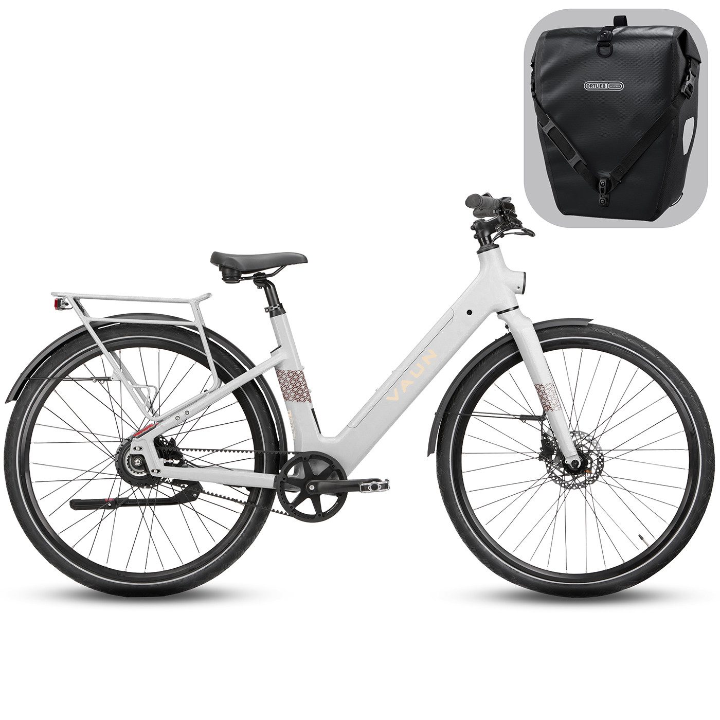 Vaun E-Bike Cityrad VAUN Sight Cityrad mit Ortlieb Tasche, Heckmotor, 417 Wh, Elektrofahrrad für Alltag und Einkauf