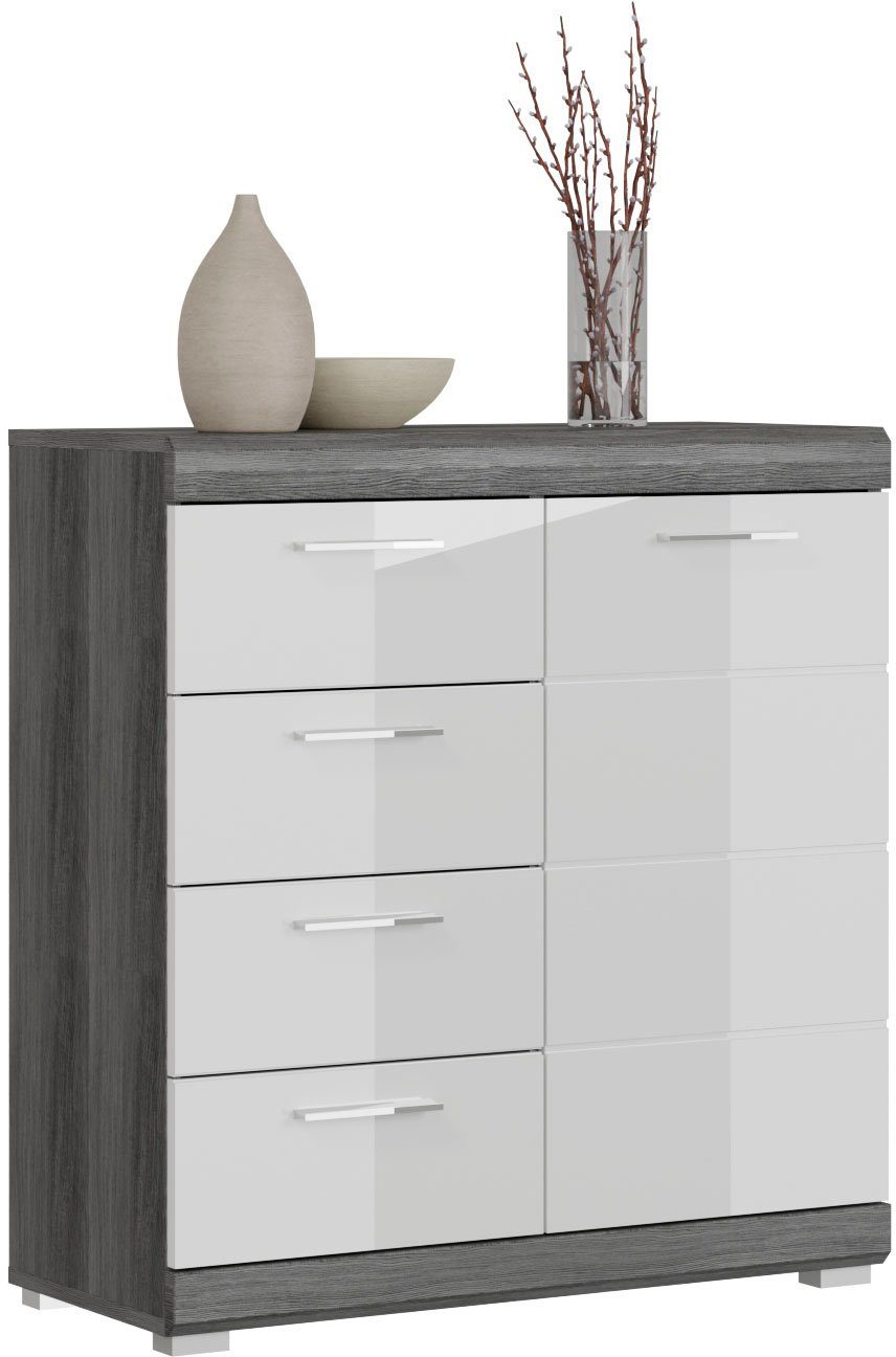 INOSIGN Kommode Siena, Breite 80 cm, 1 Tür, 2 Einlegeböden, 3 Fächer, 4 Schubkästen, Front-Rillenfräsung, Schuhkommode, Schuhschrank, Anrichte, Sideboard