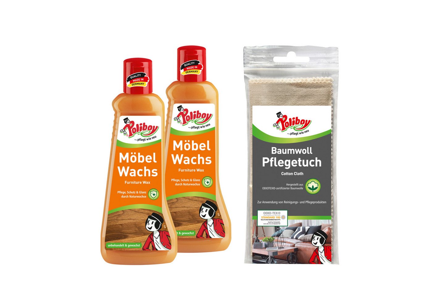 poliboy Möbel Wachs - 2x 200ml - Inklusive Baumwolltuch - für alle Hölzer Möbelreiniger (intensive Pflege und schonende Reinigung für Möbel - Made in Germany)