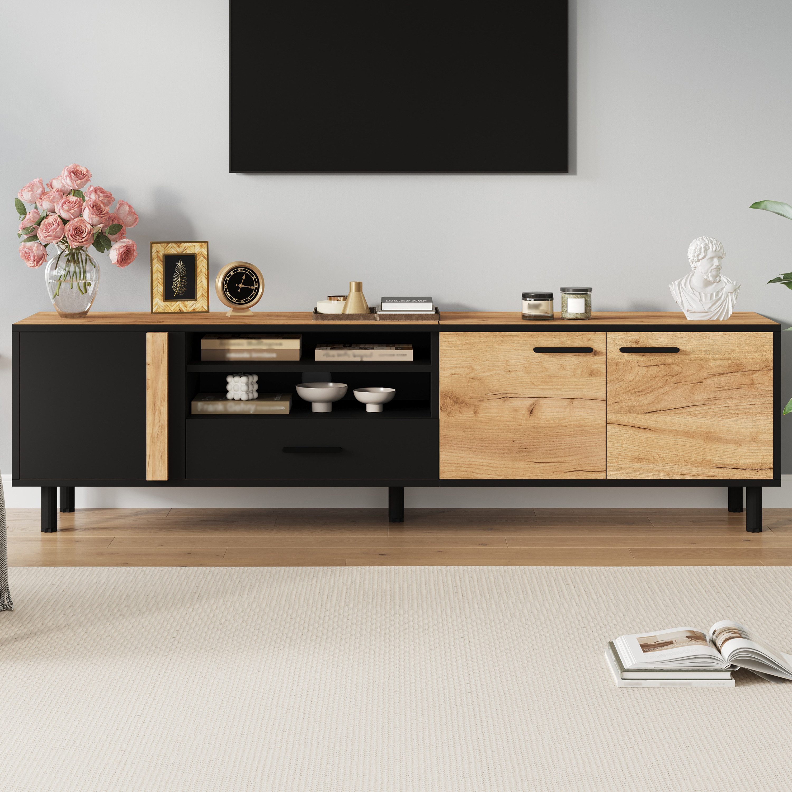 Merax Lowboard in Holzoptik & Schwarz, TV-Ständer (1 St), TV-Schrank mit 3 günstig online kaufen