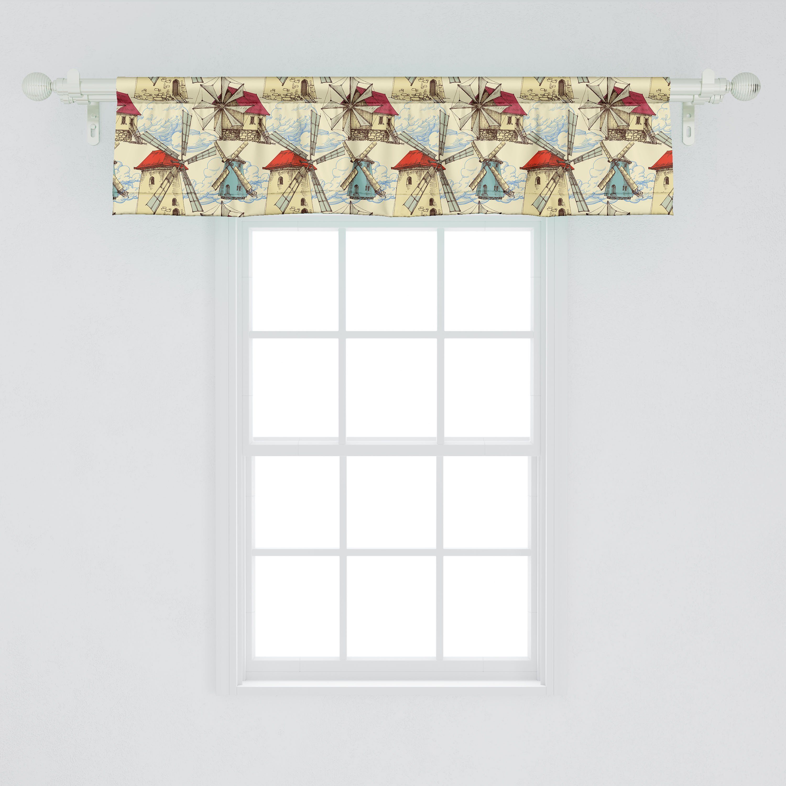 Scheibengardine Vorhang mit Stangentasche, Küche Schlafzimmer Volant Wolken für Flüchtige Skizzieren Dekor Windmühle und Microfaser, Abakuhaus