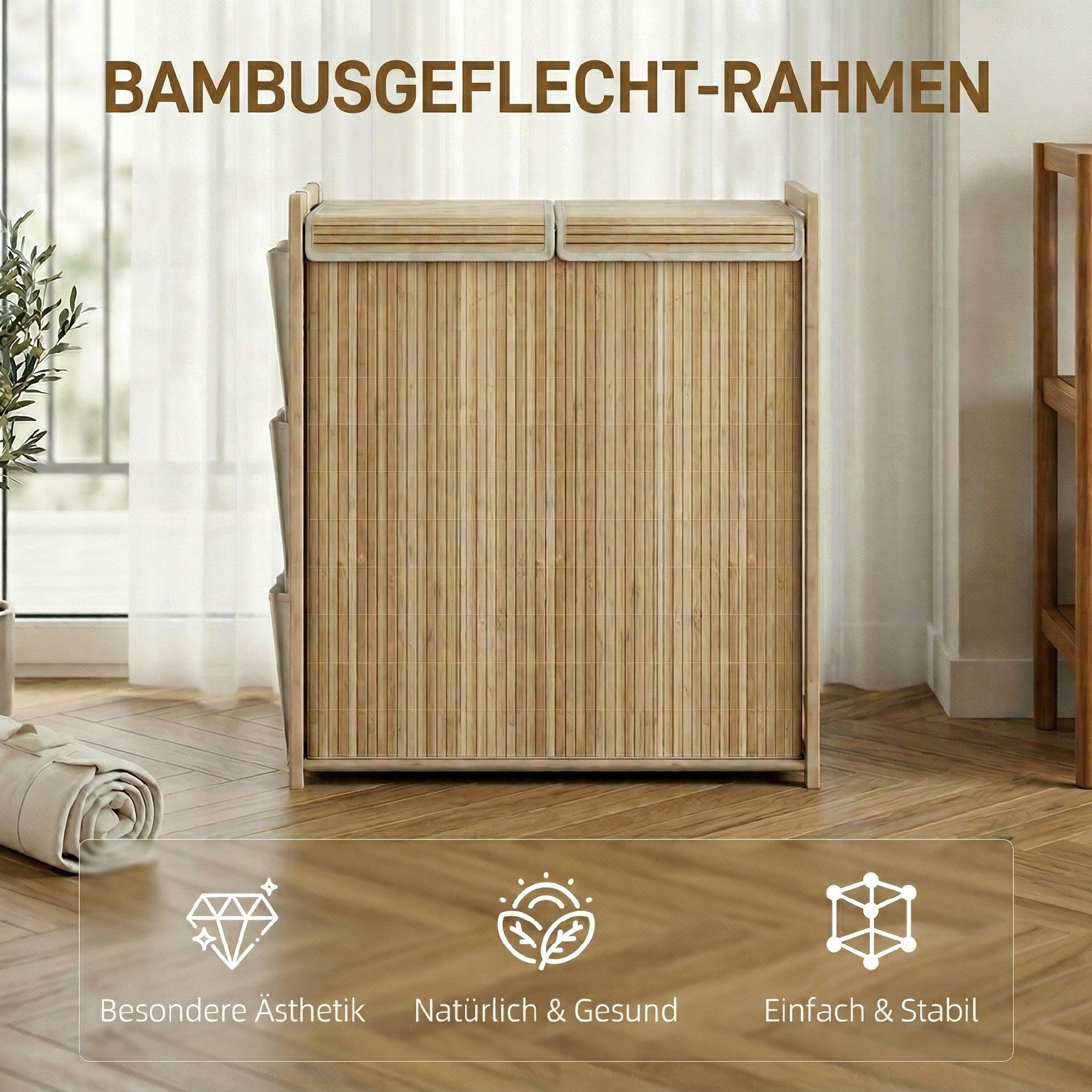 HOMCOM Wäschekorb Wäschesortierer mit Griff, bnehmbarem Kordelzug-Sack (Wäschebox, 1 St., Wäschesammler mit Innensäcken), Bambus, 120 l, Seitenfächer, Deckel – Bild 4 von 5