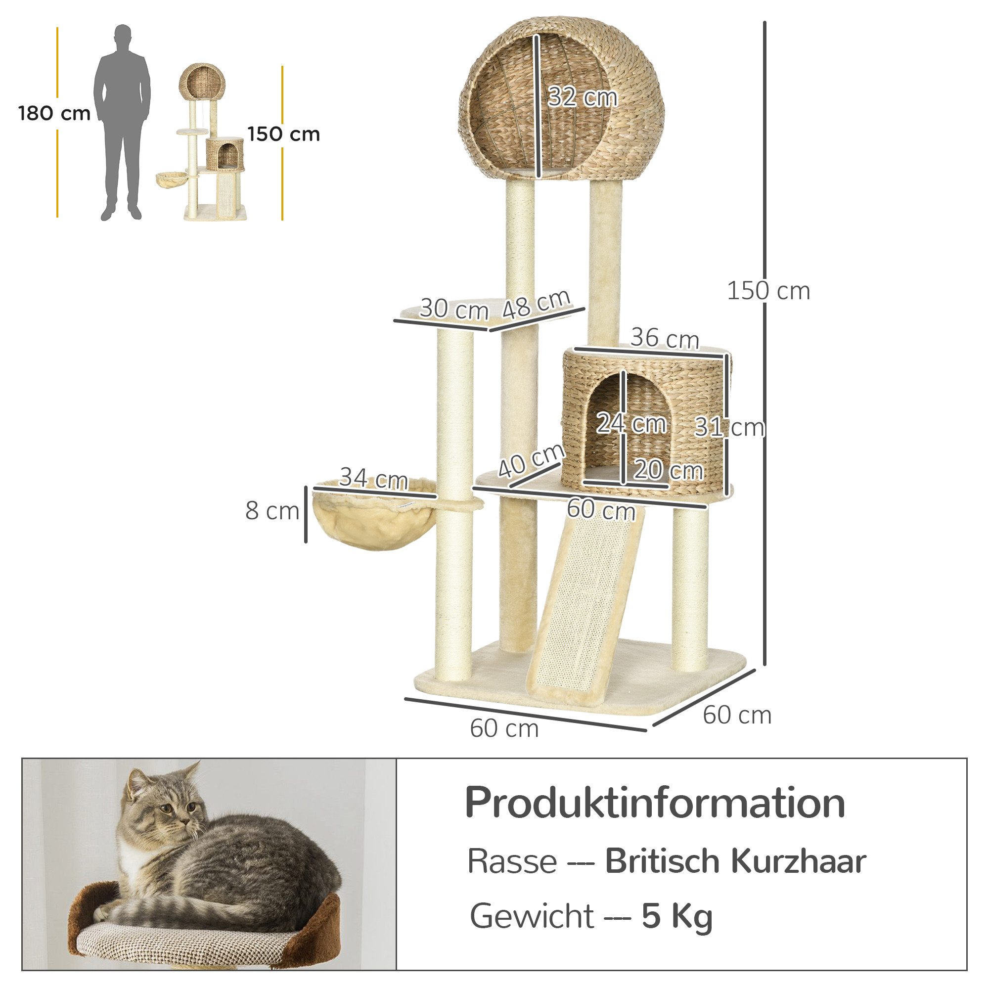 PawHut Kratzbaum Kratzbaum, mehrstöckiger Katzenbaum mit Höhle, Plattform, Plüsch, Beige, 60 x 60 x 150 cm – Bild 3 von 5