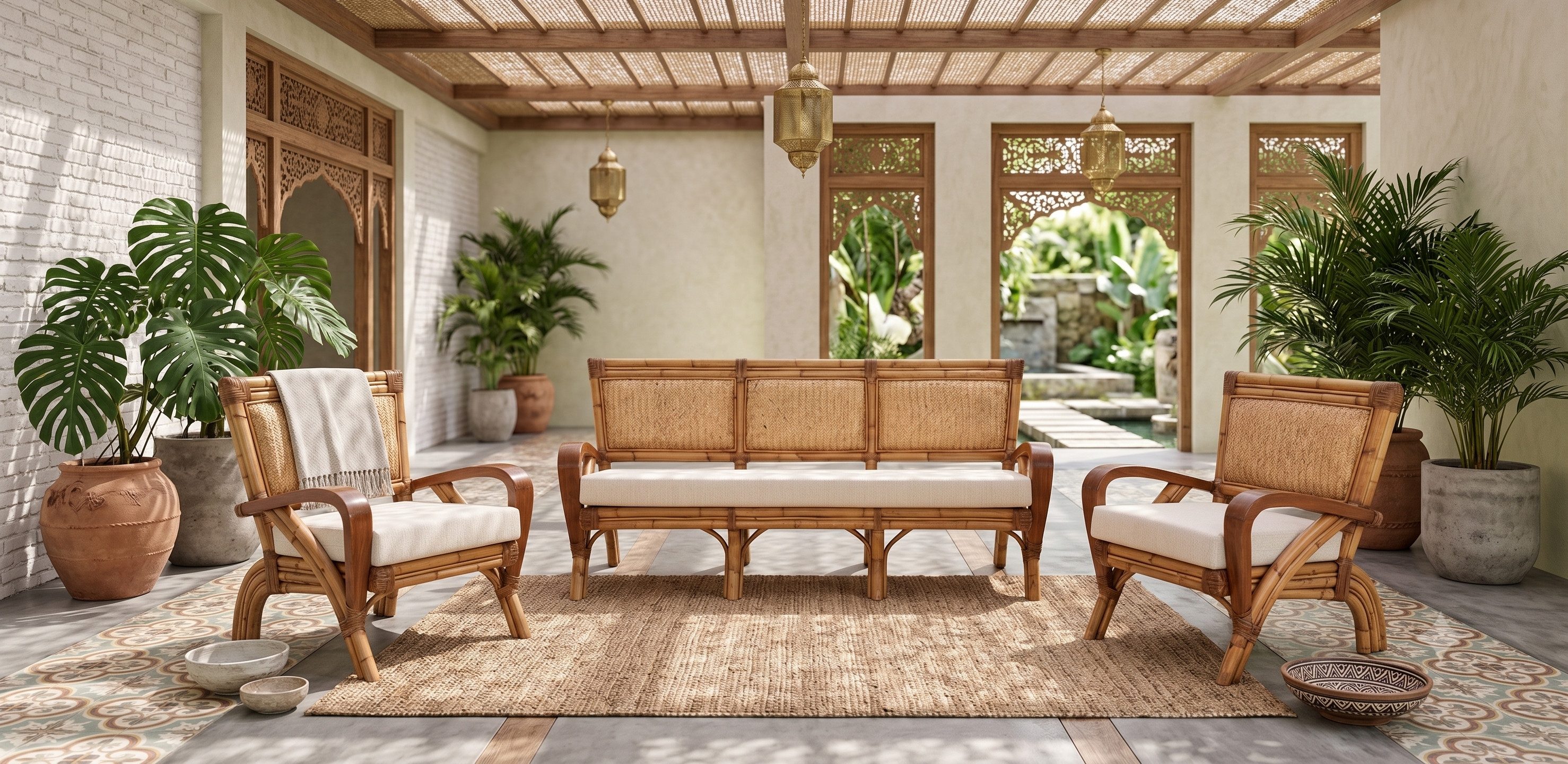 Krines Home Sitzgruppe Rattan Sitzgruppe Singapur 3-teilig für Wintergarten & Wohnzimmer, (3-tlg., 2x Sessel, 1x Dreisitzersofa), aus Rattan Naturmaterial, mit Armlehnen