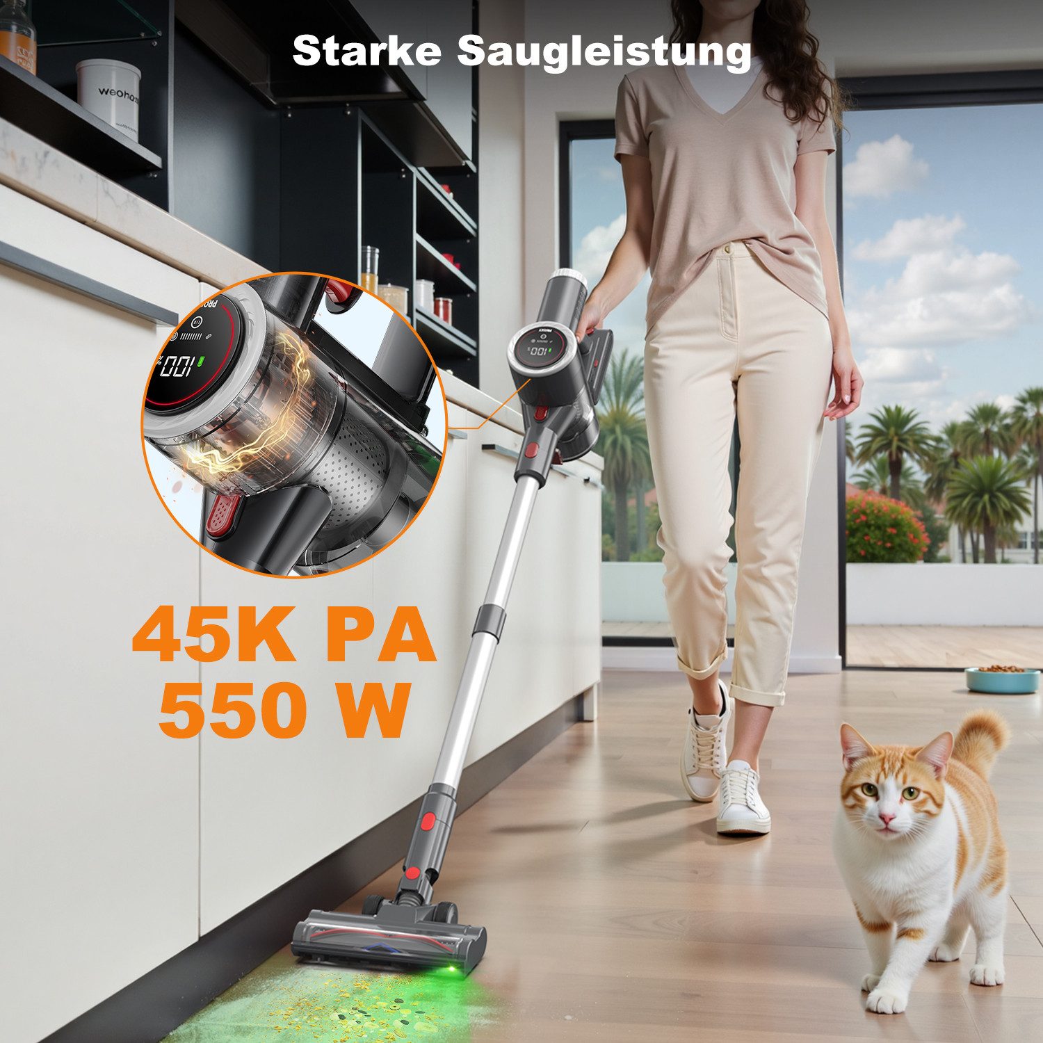 PRASKY Hand-und Stielstaubsauger P1MAX Kabelloser Staubsauger 45 kPa, 45 Min Akku, freistehend, HEPA, 550 W, mit Beutel, Geräuschpegel <70 dB(A)