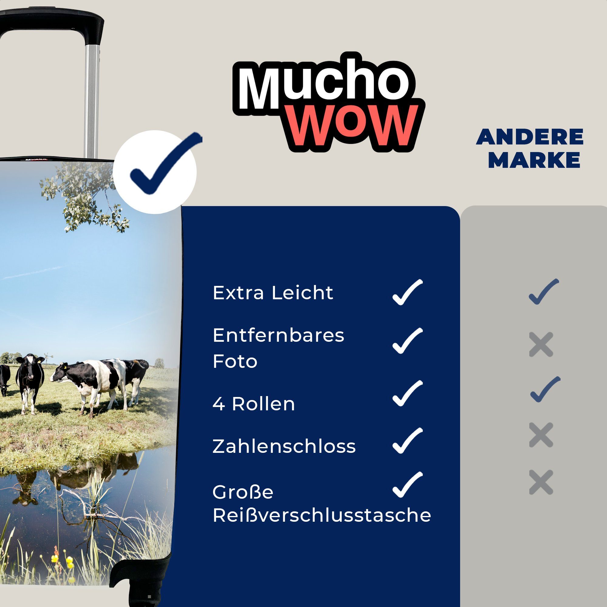 - mit Ferien, Spiegelung, Rollen, Wasser - 4 Kühe Trolley, für Reisetasche Reisekoffer Handgepäck rollen, Handgepäckkoffer MuchoWow