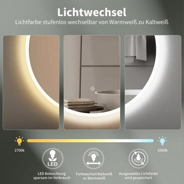 HOKO Badspiegel LED Antibeschlag Rund 60cm/80cm+ LED Wechsel (Warmweiß - Kaltweiß - Neutral. Licht mit Touch Schalter und mit Wandschalter einschaltbar. Memory-Funktion.IP44, 4mm HD Glass)