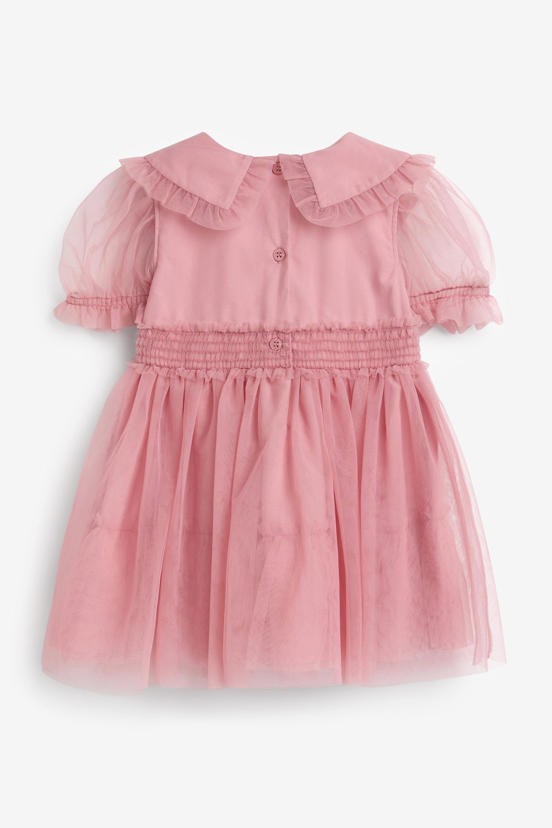 Netzstoff-Kleid Next (1-tlg) Kragen Pink verziertem mit Partykleid Rose