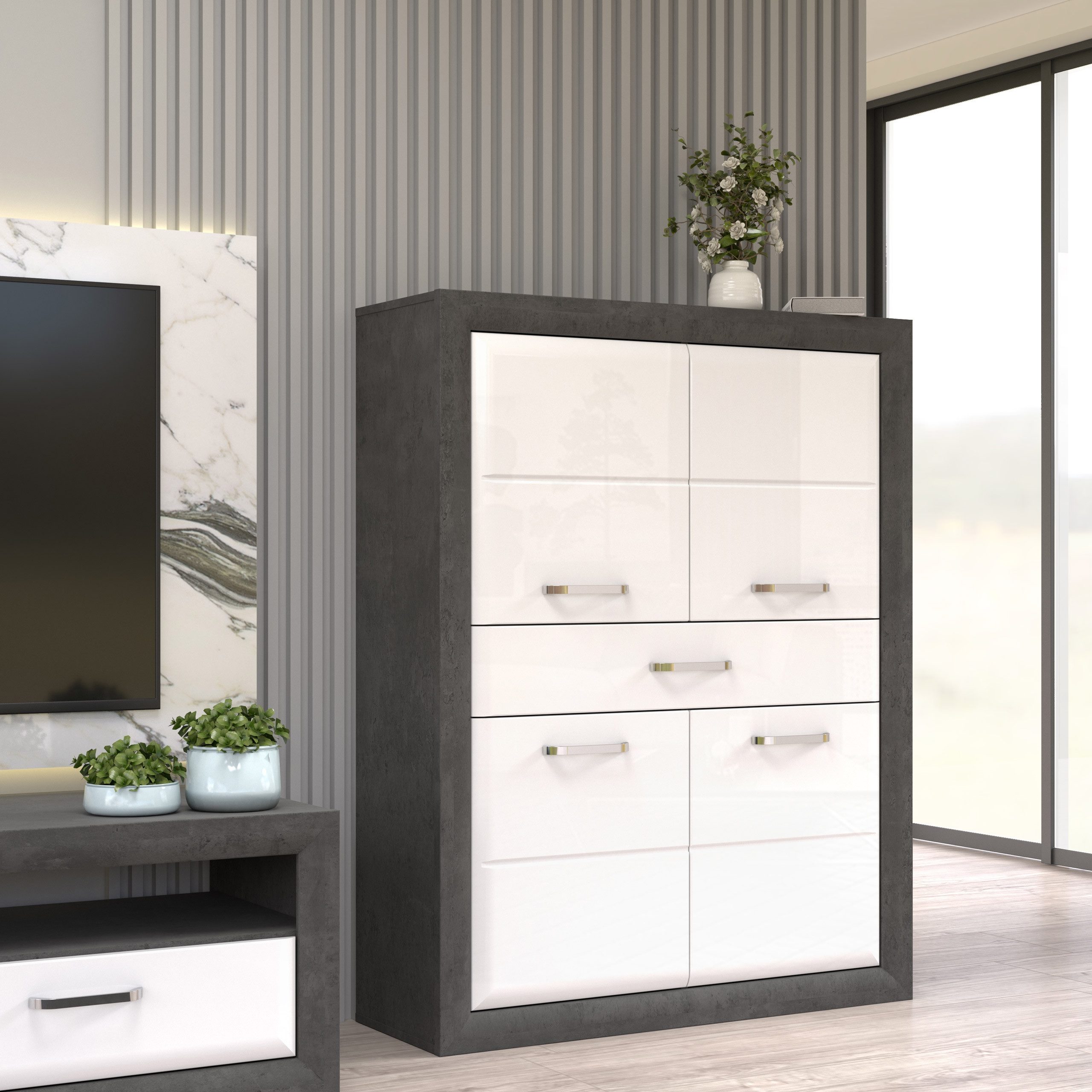 Newroom Midischrank Betonoptik 133 cm Schrank Betonoptik Modern Wohnzimmer