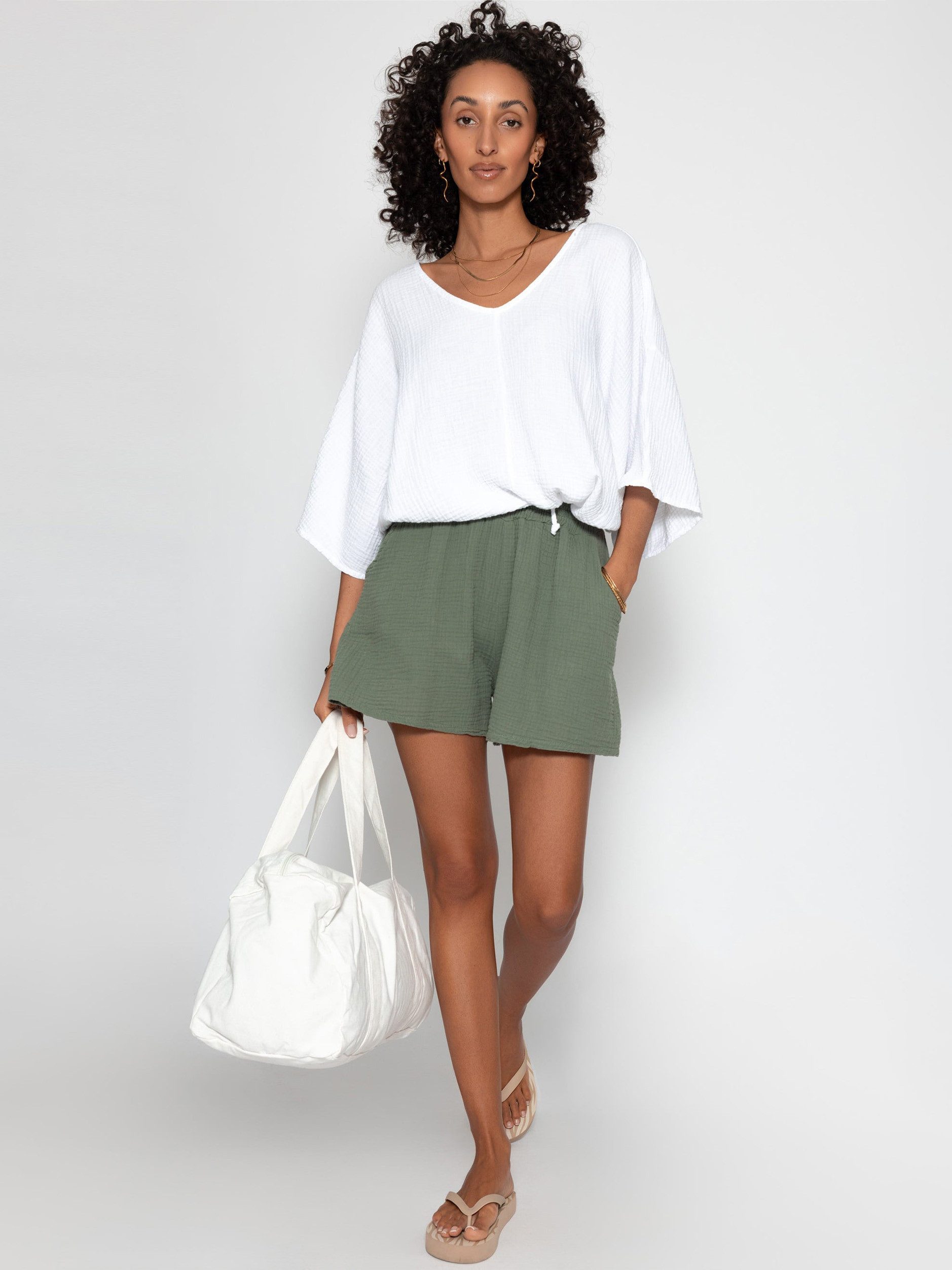 SASSYCLASSY Shorts Musselin Shorts für Damen Weiche High-Waist Baumwollshorts mit Gummibund und Eingriffstaschen