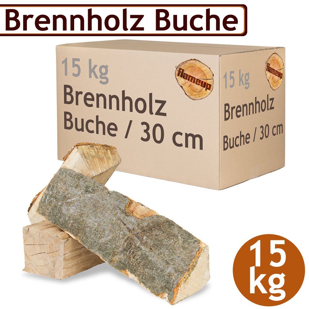 Flameup Kaminholz Brennholz Kaminholz Holz 15 kg Ofen Kamin Kaminofen Grill Buche 30 cm, 15 kg