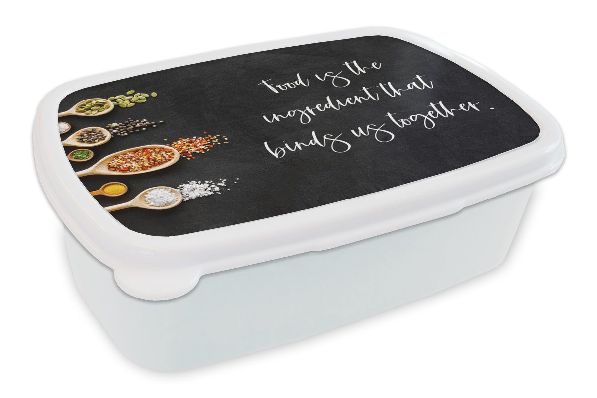 MuchoWow Lunchbox Essen ist die Zutat, die uns zusammenhält - Sprichwörter - Zitate -, Kunststoff, (2-tlg), Brotbox für Kinder und Erwachsene, Brotdose, für Jungs und Mädchen weiß