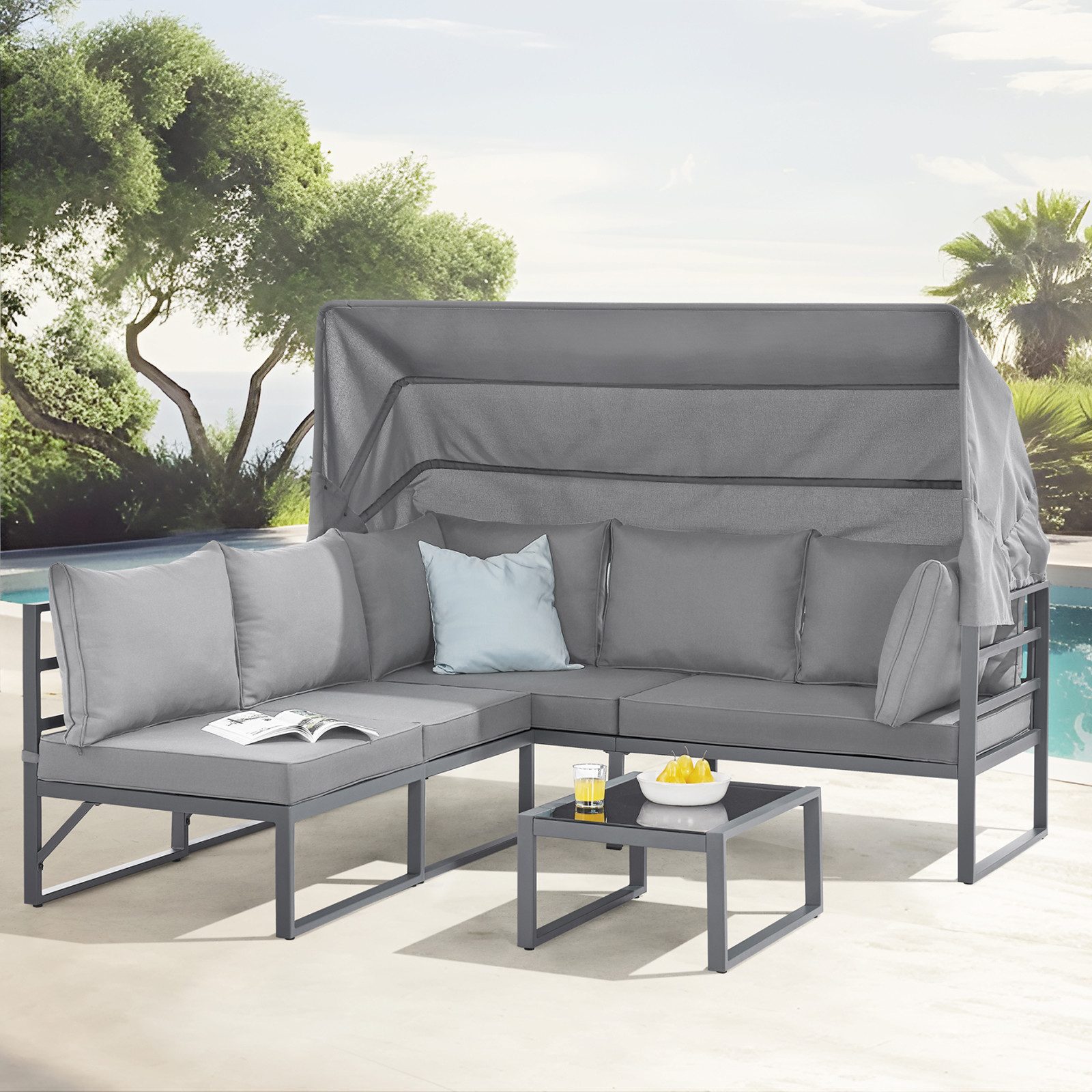 SVITA Gartenlounge-Set MAUI, (4-tlg), Outdoor-Möbelset mit Dach, Stahlgestell, Grau