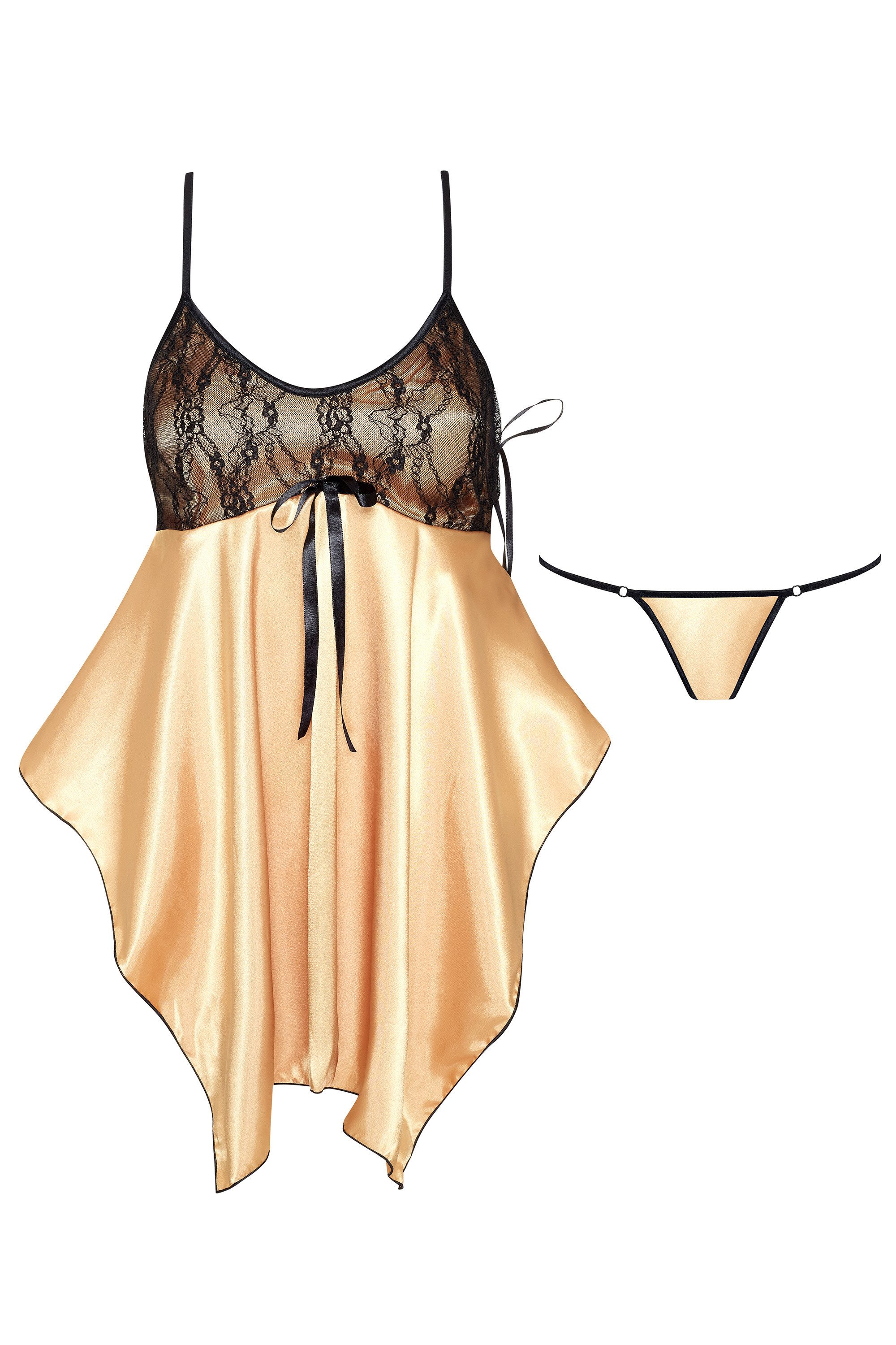 Negligé Negligee Julieta gold-schwarz aus Satin mit