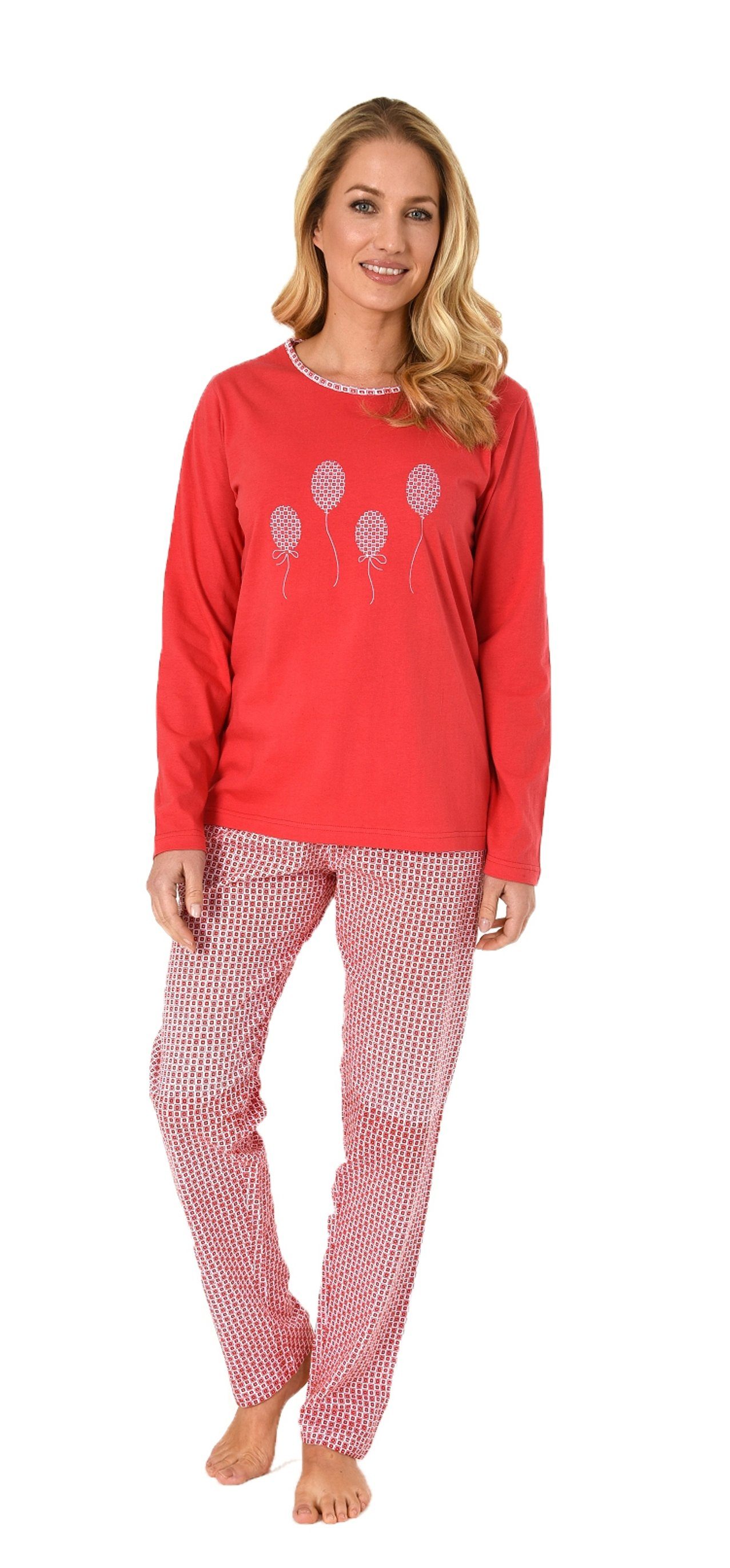 Normann Pyjama Damen Schlafanzug Pyjama mit Frontprint und gepunkteter Pyjamahose rot