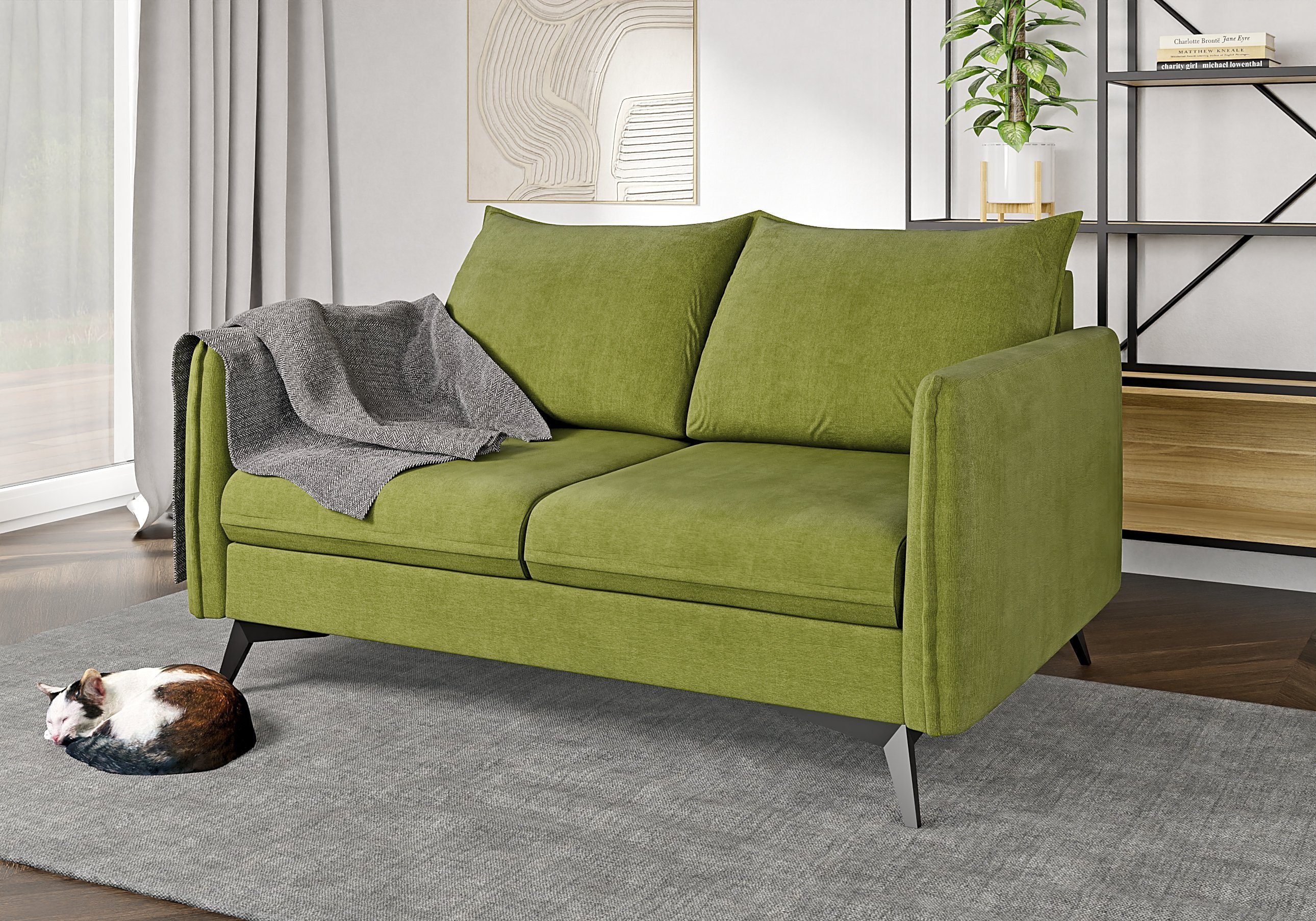 Grün 2-Sitzer Metall mit Modernes Azalea Wellenfederung Schwarz Sofa S-Style Füßen, Möbel mit