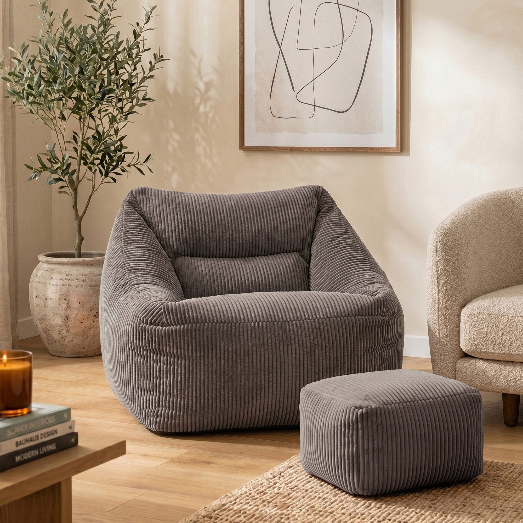icon Sitzsack Riesen Sessel aus Cord Flauschig „Natalia" mit Hocker (Spar-Set, 1 x Sitzsack-Sessel, 1 x Fußhocker), Sitzsack XXL, Made in Germany, für Erwachsen – Bild 2 von 5