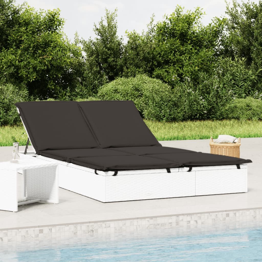 vidaXL Gartenliege Sonnenliege für 2 Personen mit Kissen Weiß Poly Rattan, 1 St.